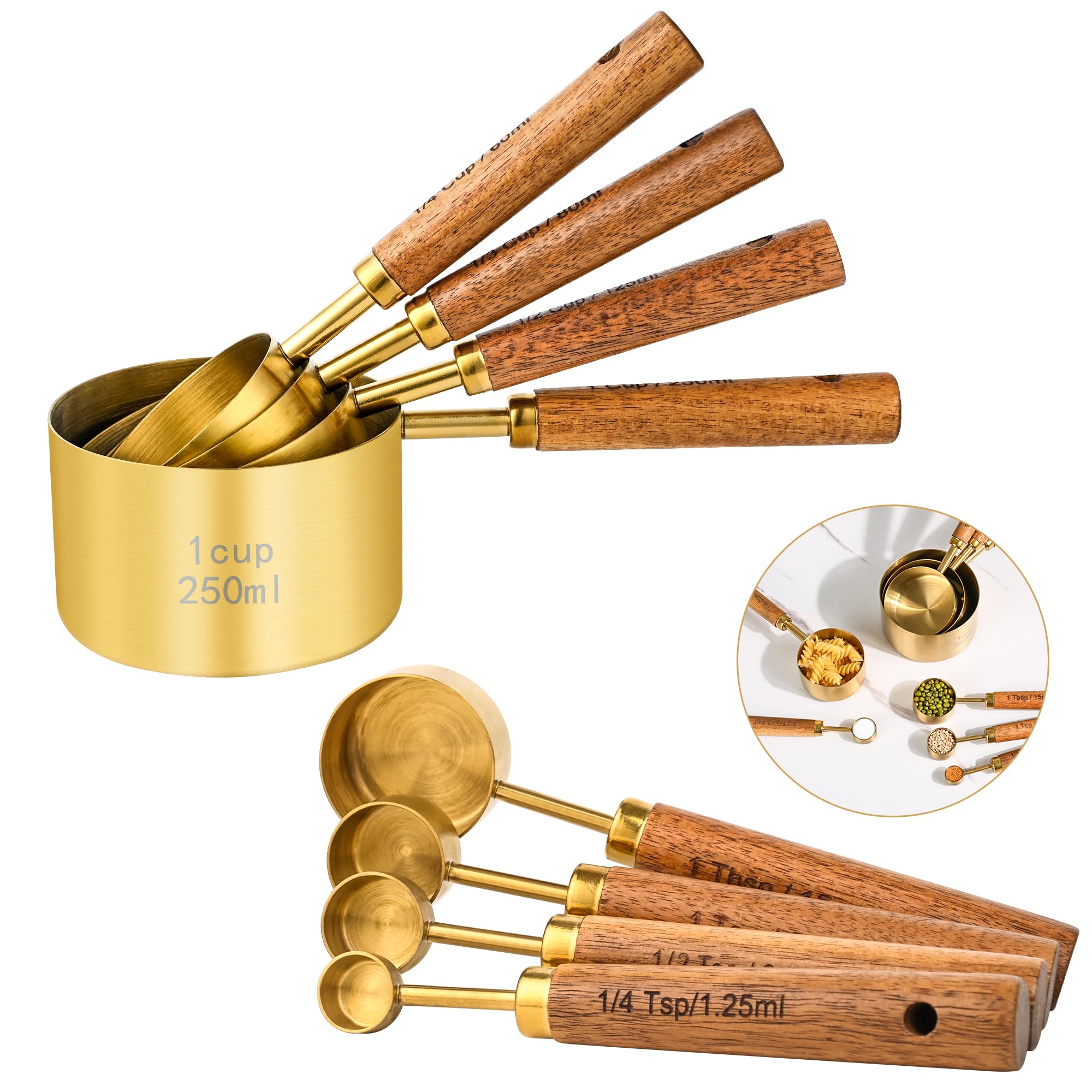 LapinLuxe Metal 8-Piece Gold Measuring Cups and Spoons Set with Fragrant Long Wood Handles - Complete Kitchen Baking Cooper Measuring Tools for Cooking and Baking