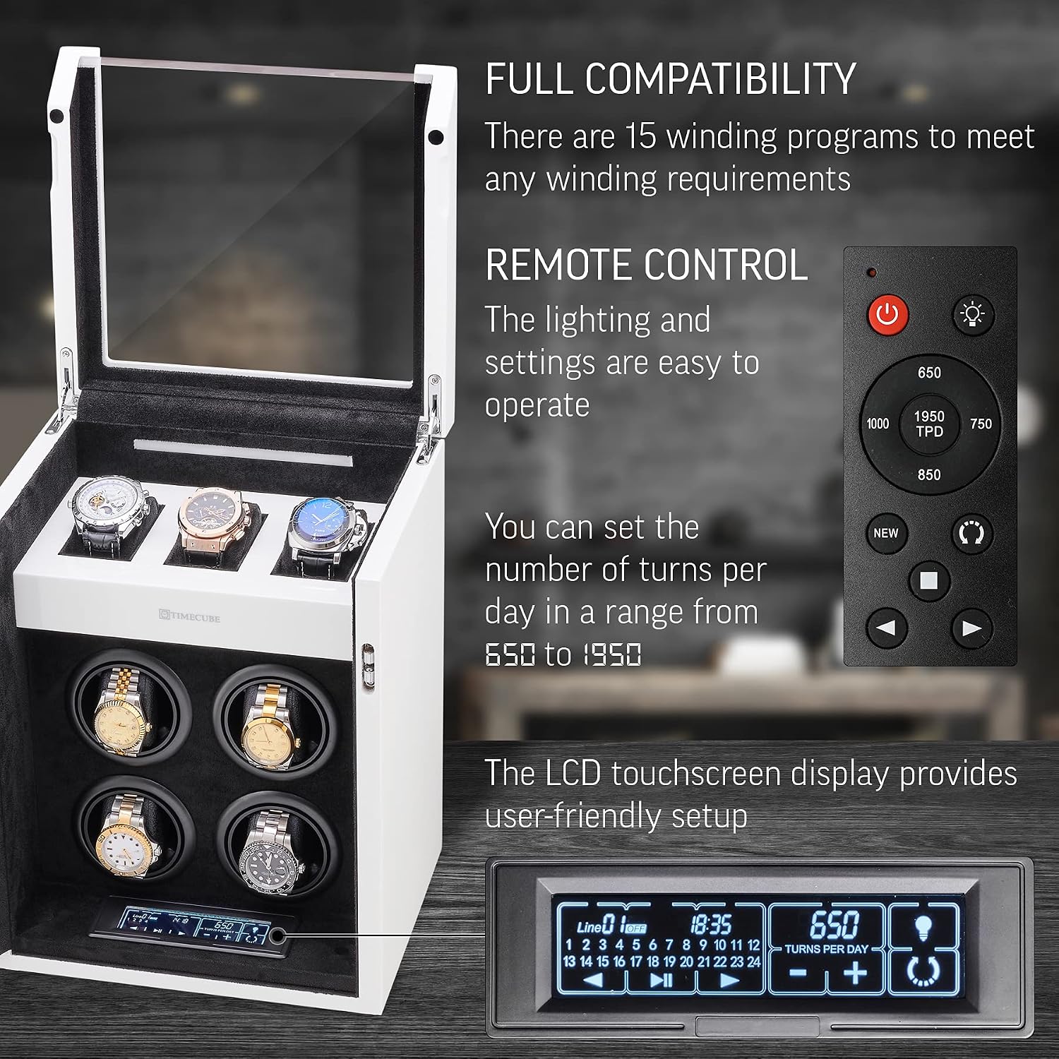 TIMECUBE Watch Winder for 4 Watches with 15 Winding Programs and 3 Watch Storage Slots
