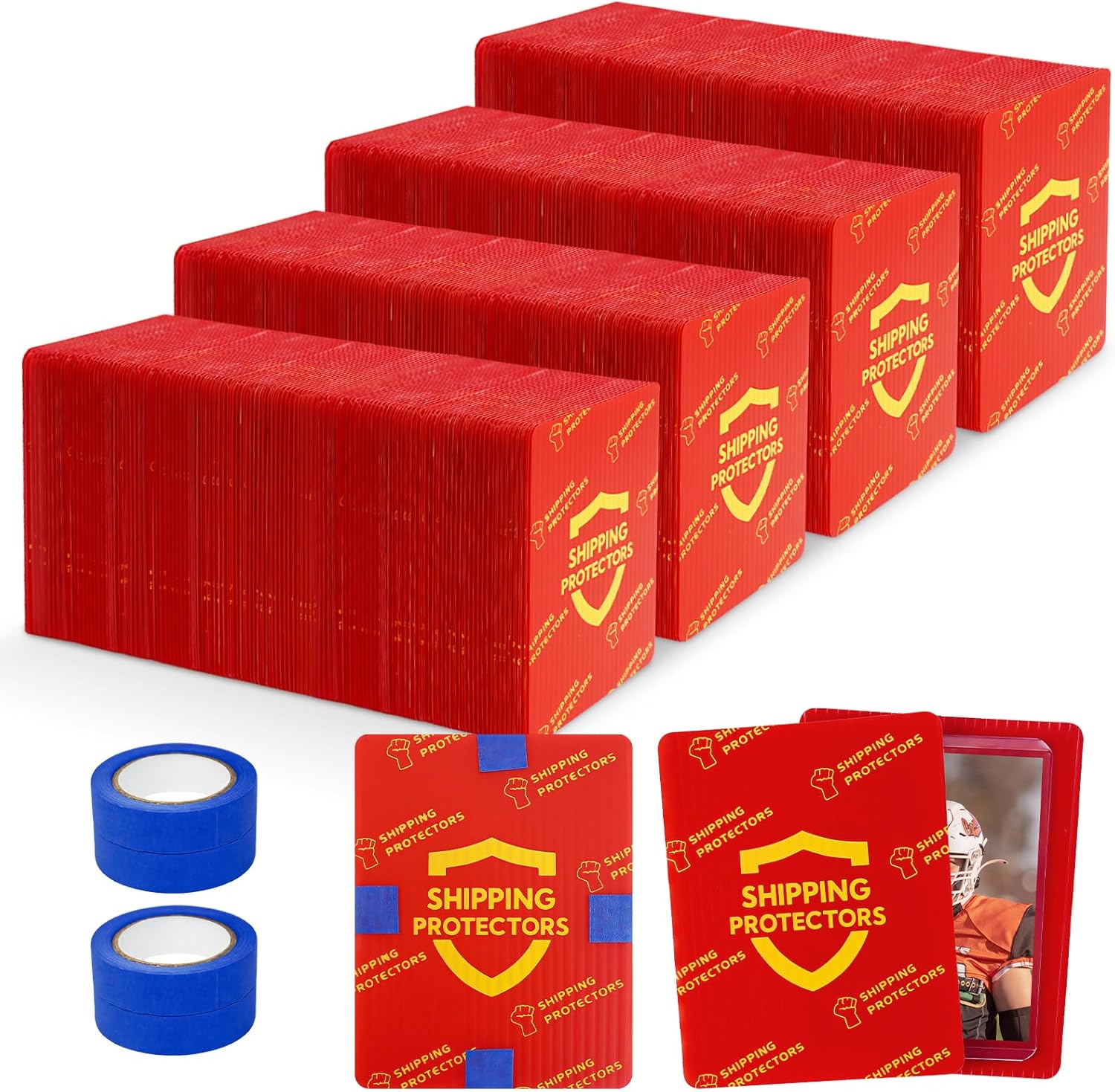 510-Pack Trading Card Shipping Protectors 3.5'' x 4.5'' with 4 Rolls of Tape, Heavy Duty Corrugated Sheet for Safe Shipping, Precut Card Mailers for Sports, MTG, and Collectible Cards (Red)