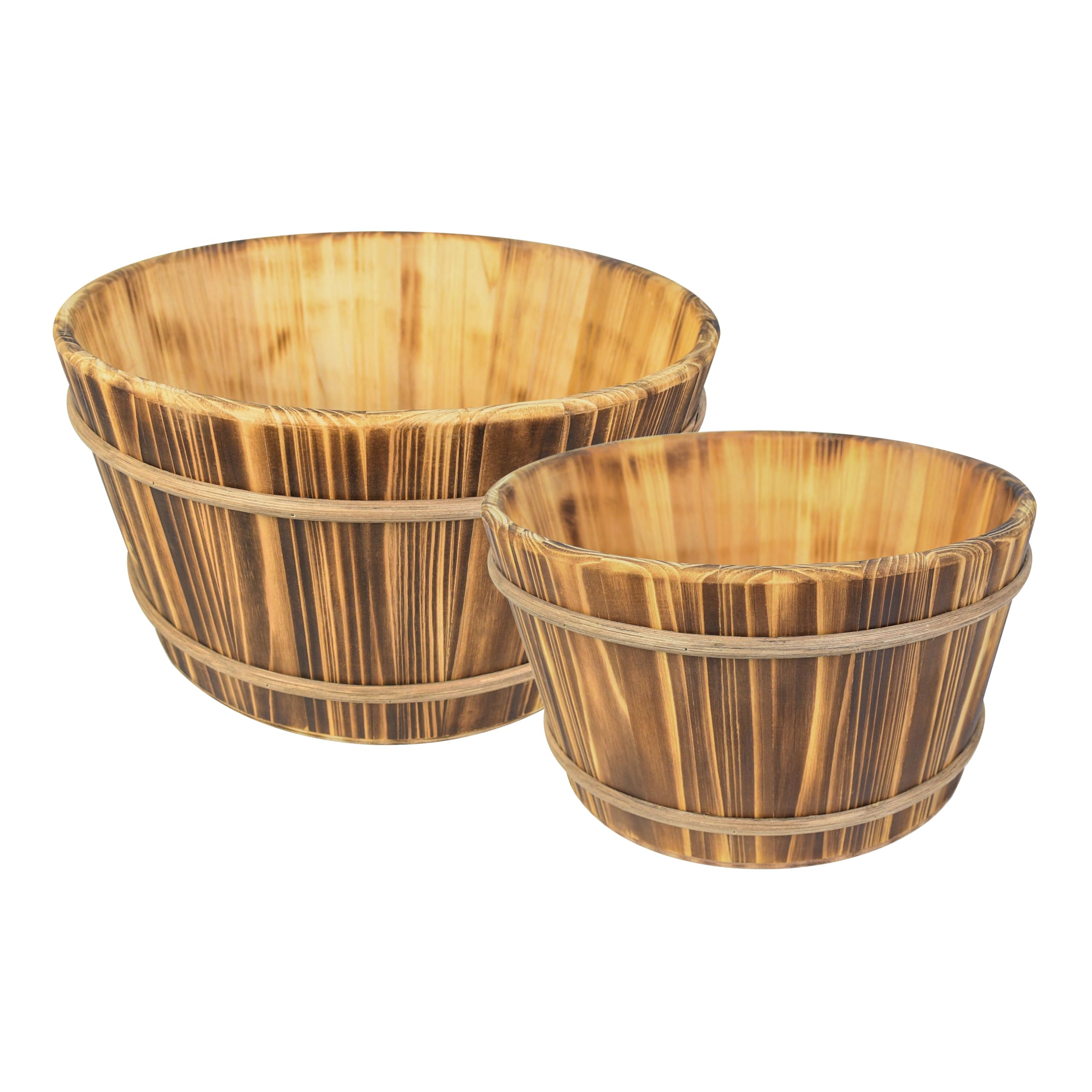 Set 2 Mastelli in Legno di Abete Brunito Marrone, Fioriere e Portaoggetti Decorativi di Diverse Dimensioni, Contenitori Rustici per Casa e Giardino