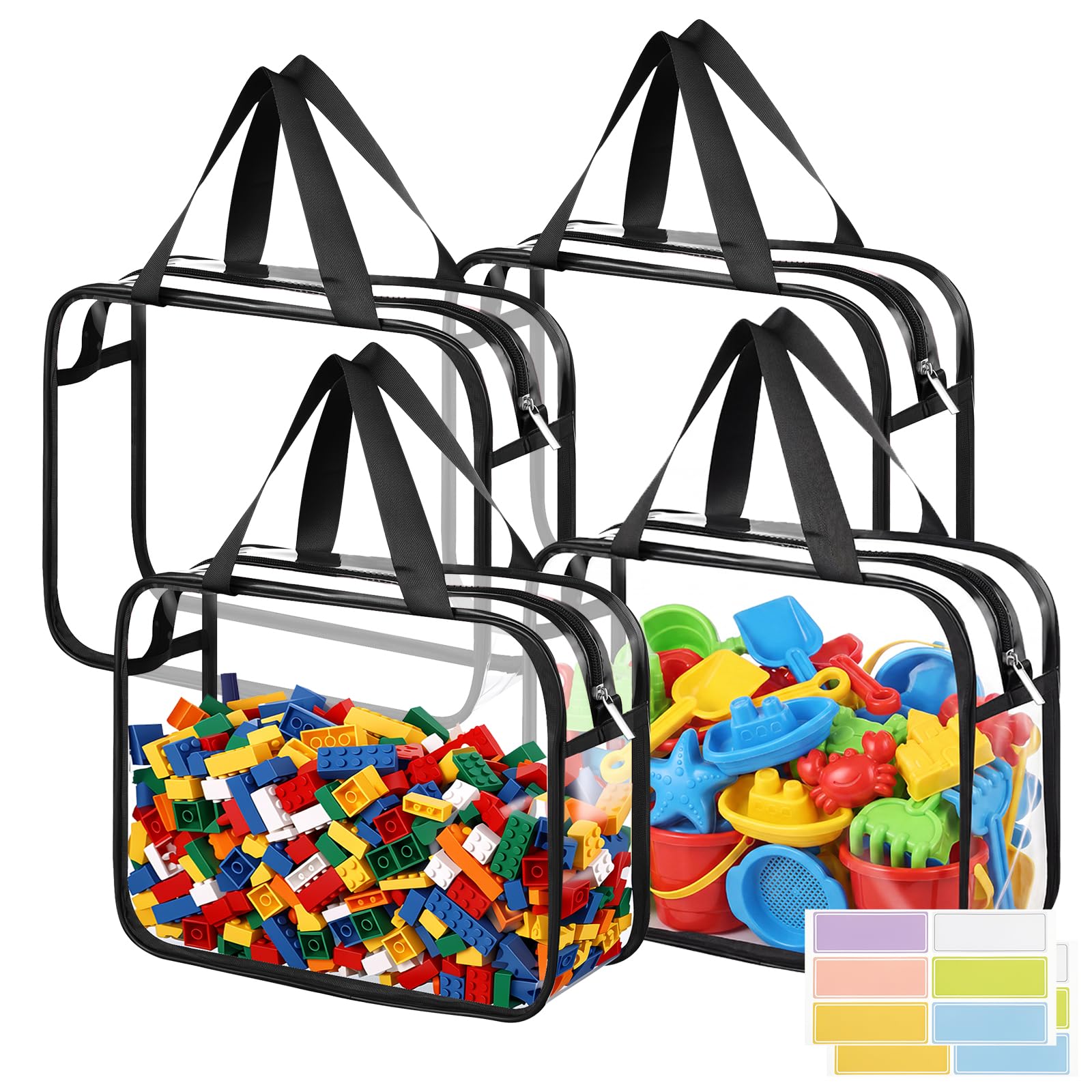 Dntorx Sacchetti per giocattoli, organizzazione e conservazione, confezione da 4 organizer in PVC trasparente, grandi borse impermeabili con cerniera con manici per libri per bambini, puzzle, blocchi