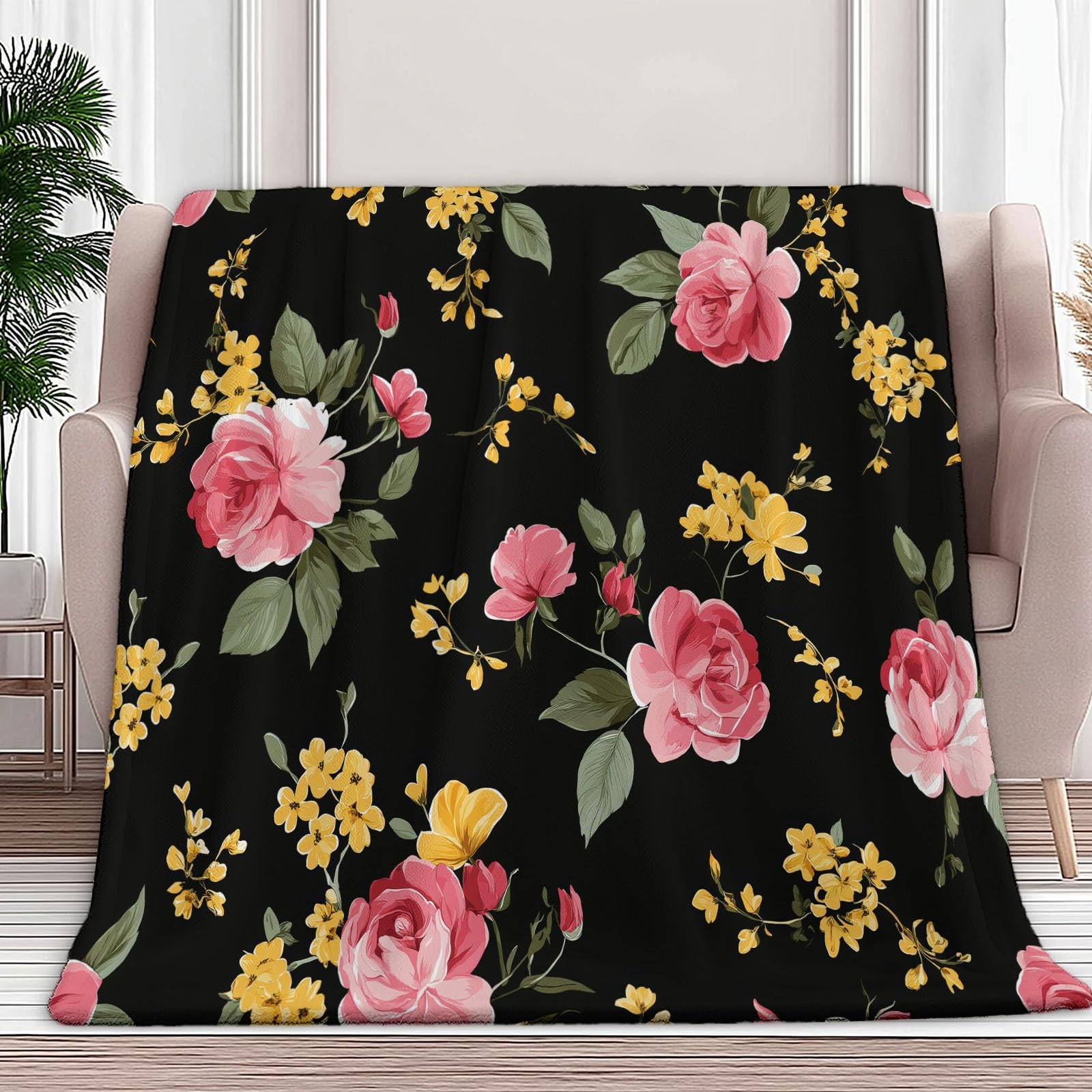 Manta pequeña con estampado floral negro, 180 x 200 cm, suave y acogedora, manta térmica de franela para niños y niñas, cama y sofá, manta mullida