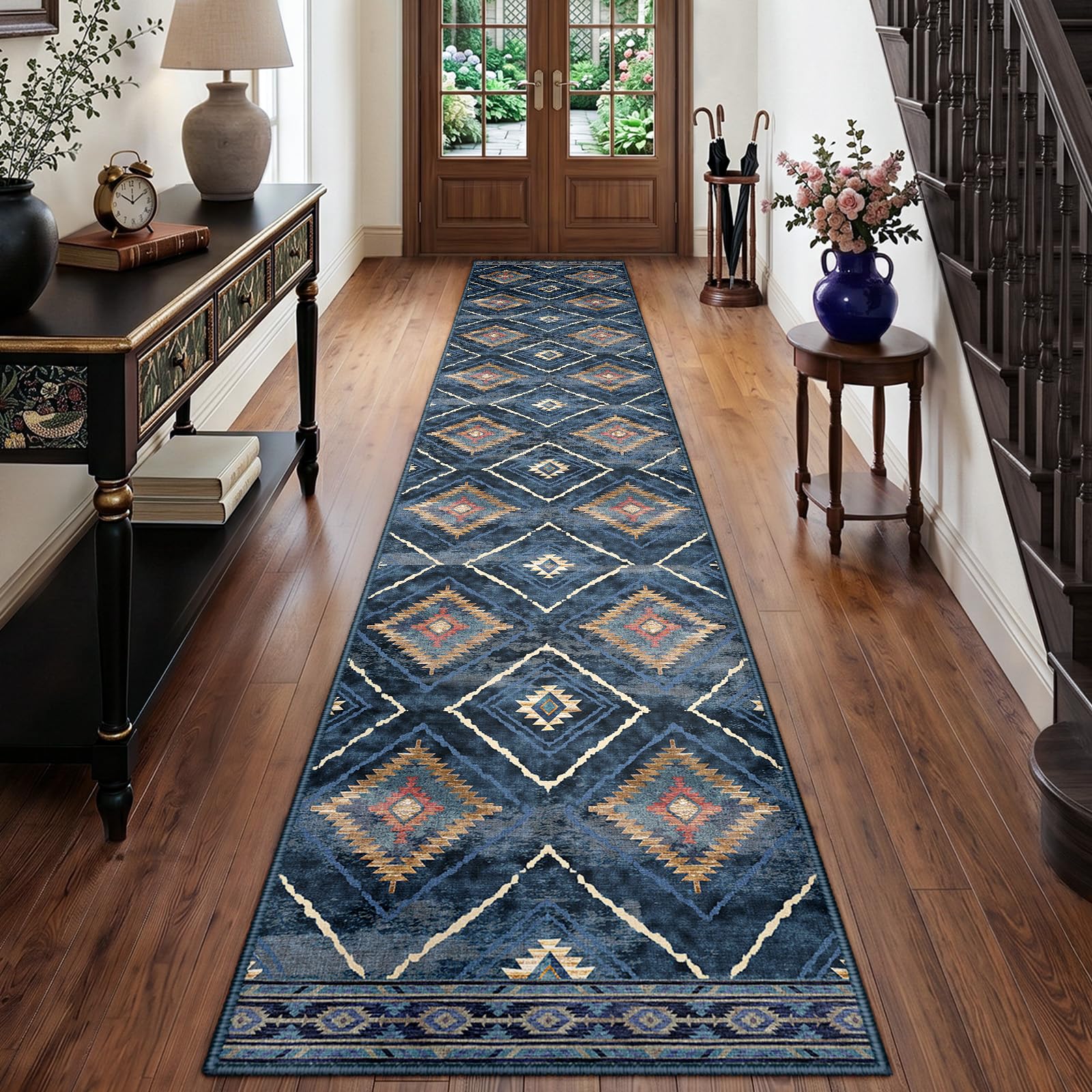 Tapis de couloir bleu foncé 60x300 cm lavable et antidérapant pour entrée
