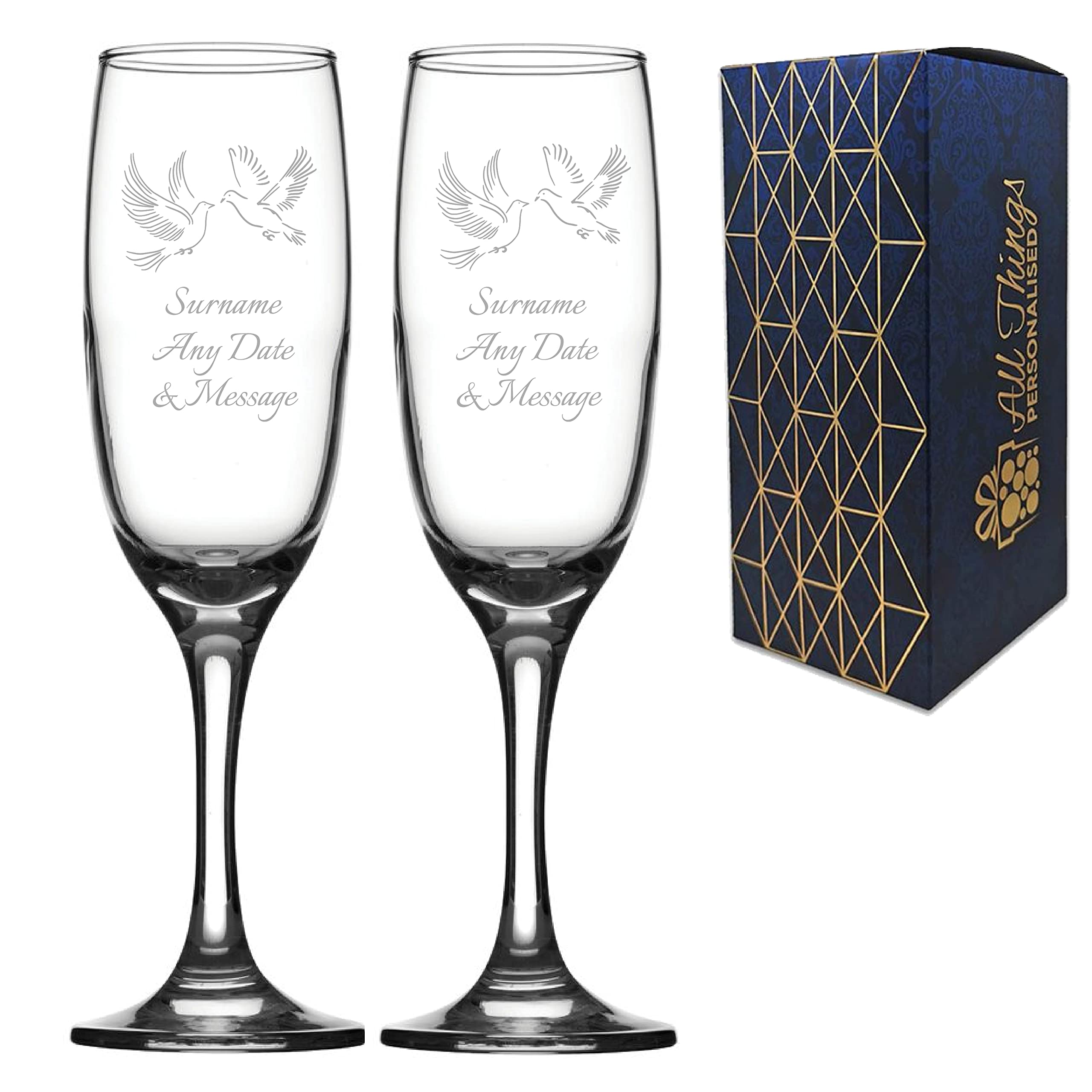 Personalised Engraved Wedding Champagne Set His and Hers, Wedding Doves, Any Date and Message Glasses, Holds Up to 7.5oz/221ml, Imperial Flute, Engraved in The UK