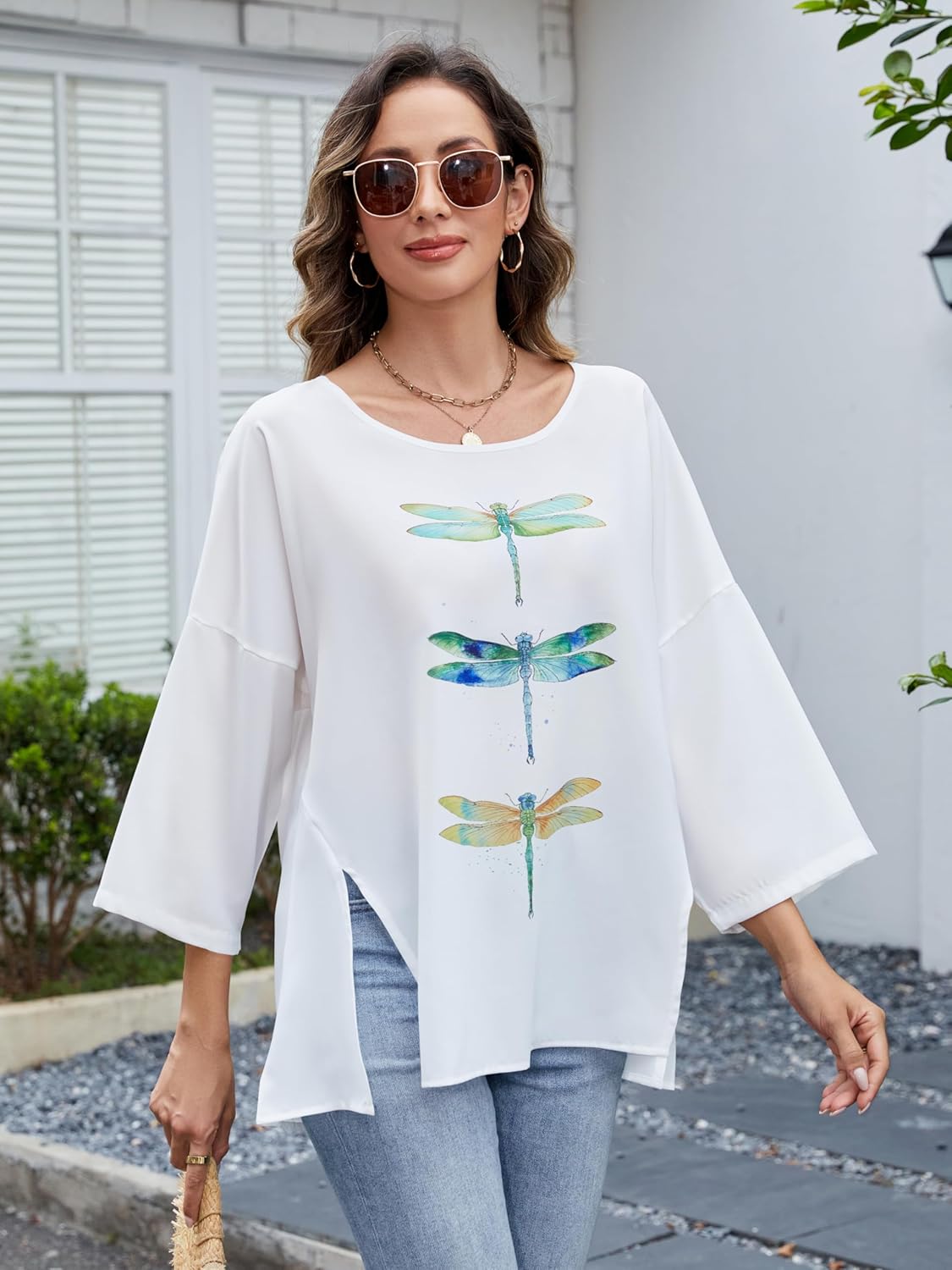 Summer Tops for Women Casual Tops Office Elegance Polyester Tee with Floral Dragonfly Design Comfort Fit Blouse - Image 5