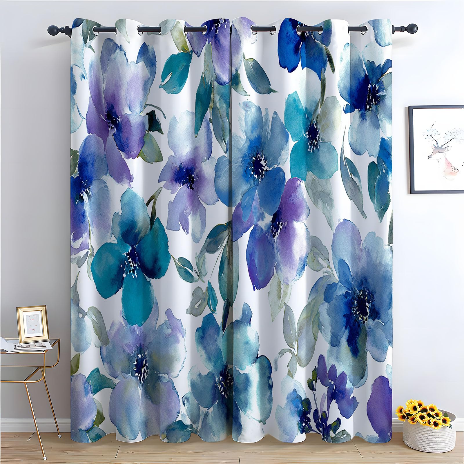 TERUEA Picture Curtains Anti Mould Proof Resistant Gentle watercolor blue purple flower leaf spring floral Curtains Mould Proof Resistant-52 W x 90" L (Pack of 2)