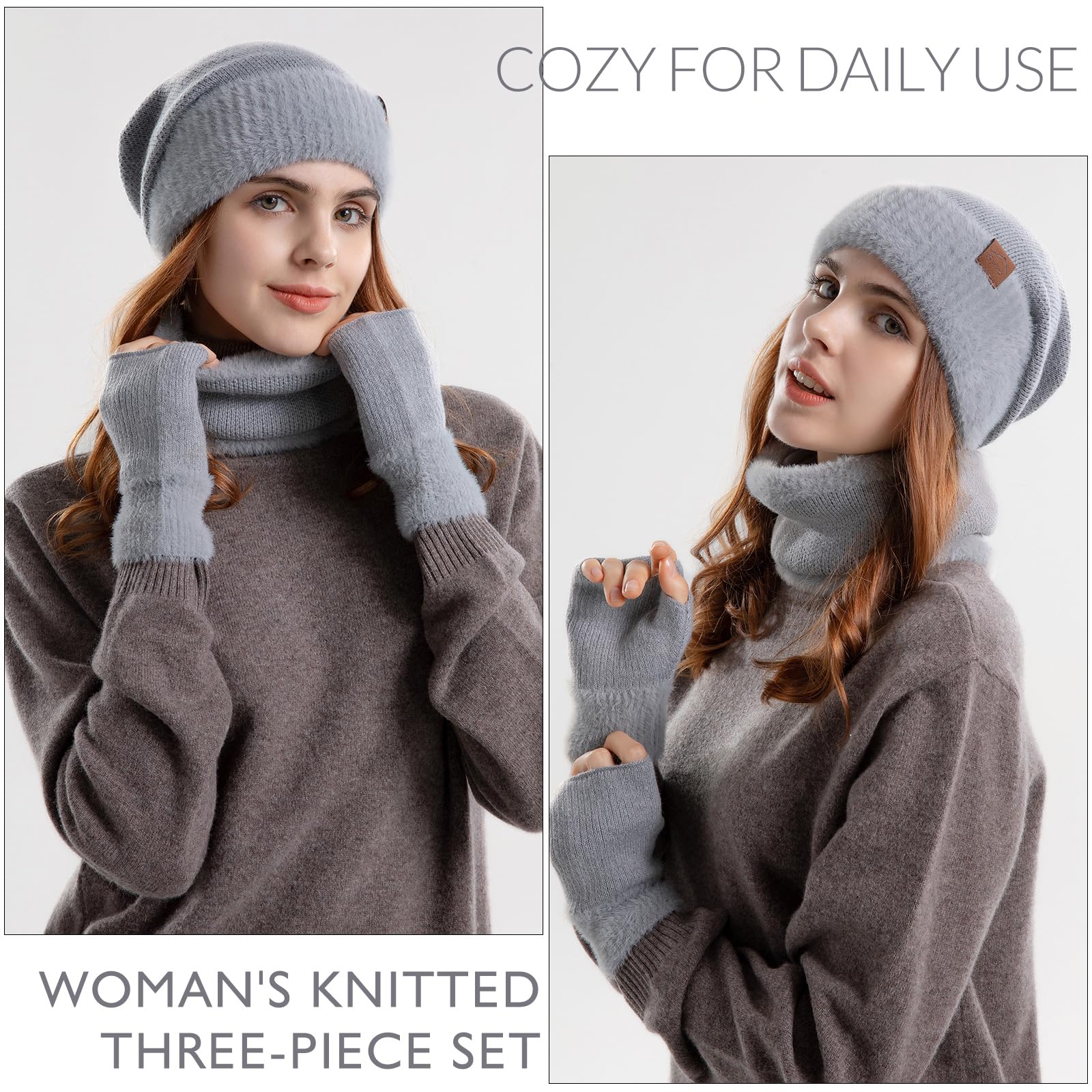 Zestaw czapek i szalików dla kobiet z podszewką polarową, czapka, szalik i rękawiczki, zestaw damski, 3 w 1, termiczna dzianinowa czapka beanie, ocieplacz na szyję, rękawiczki bez palców, dla