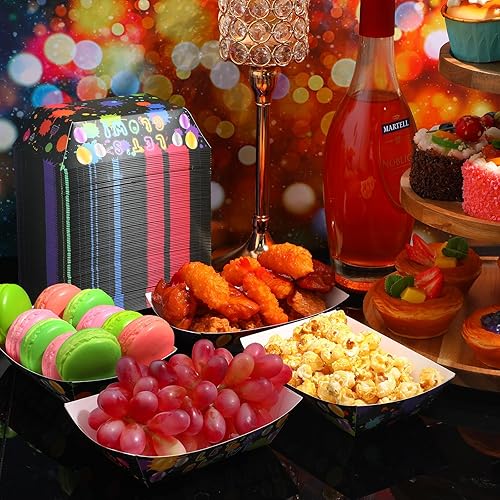 Miniatura 7 de 100 unidades de suministros de fiesta de neón de 2 libras, bandejas de papel desechables para servir nachos para perros calientes, barcos de neón