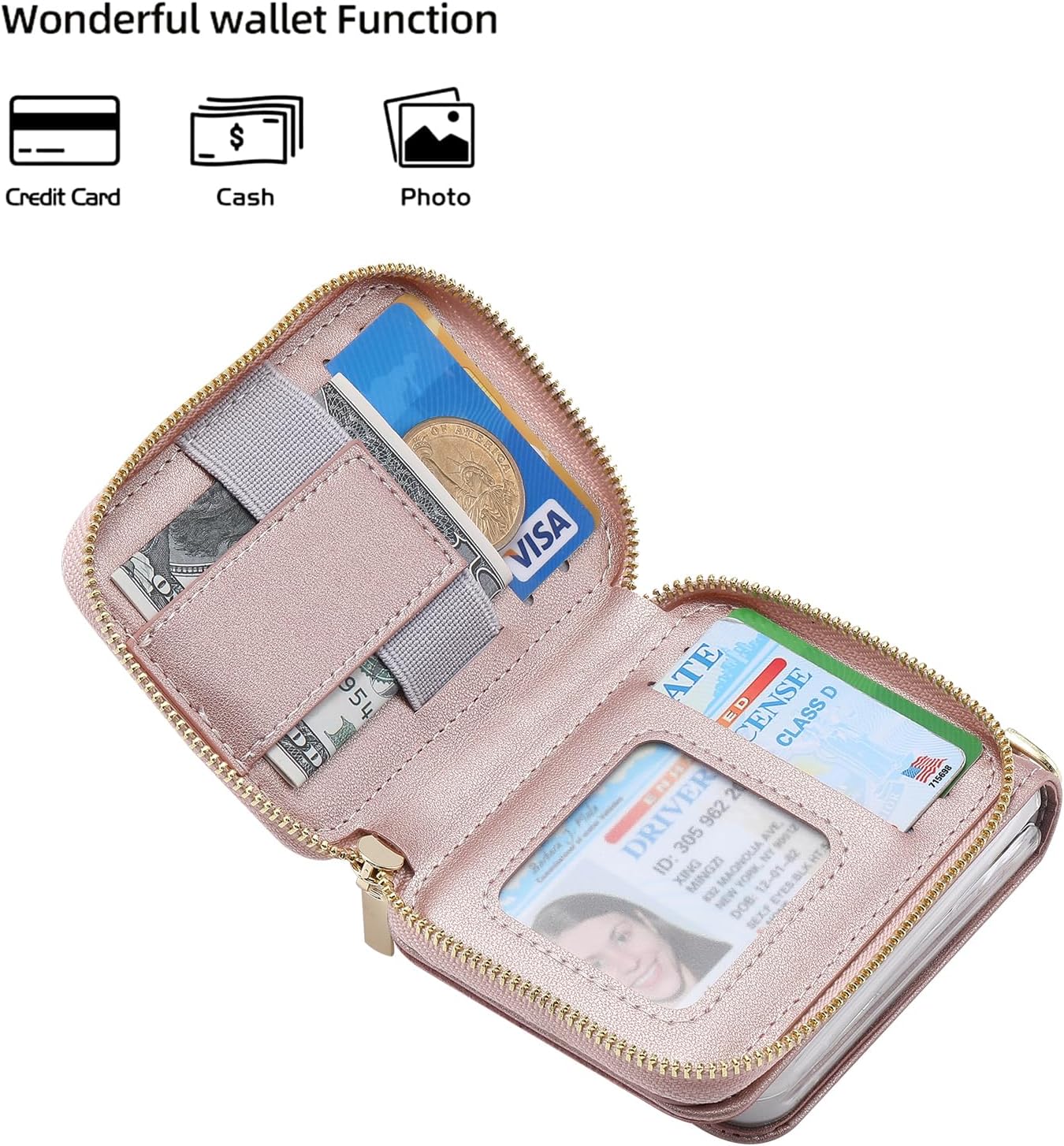 for Samsung Galaxy Z Flip 6/Flip 7 FE Luxurious Leather Zipper Wallet Case Offers 6 Card Slots, with Wrist Strap and Adjustable Shoulder Strap Like a Mini Backpack.(Rosegold)
