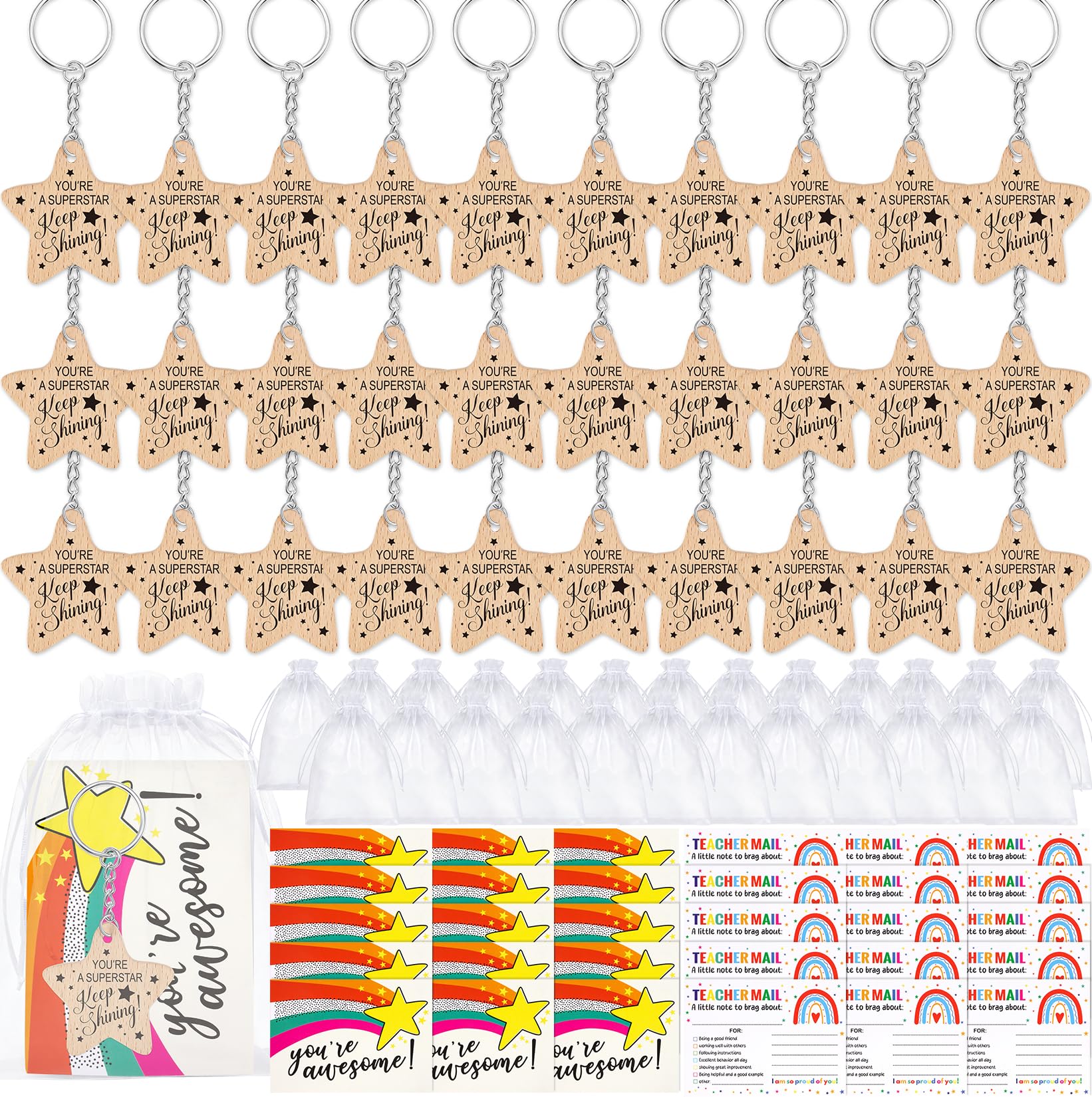 30 Set School Leaver Star Keyring Gifts for Pupils from Teacher,End of Year/Term Class Gifts for 30 Children,Class of 2026 You're a Star Keyring,Graduation Gifts for Children Prize Class(Solid Wood)