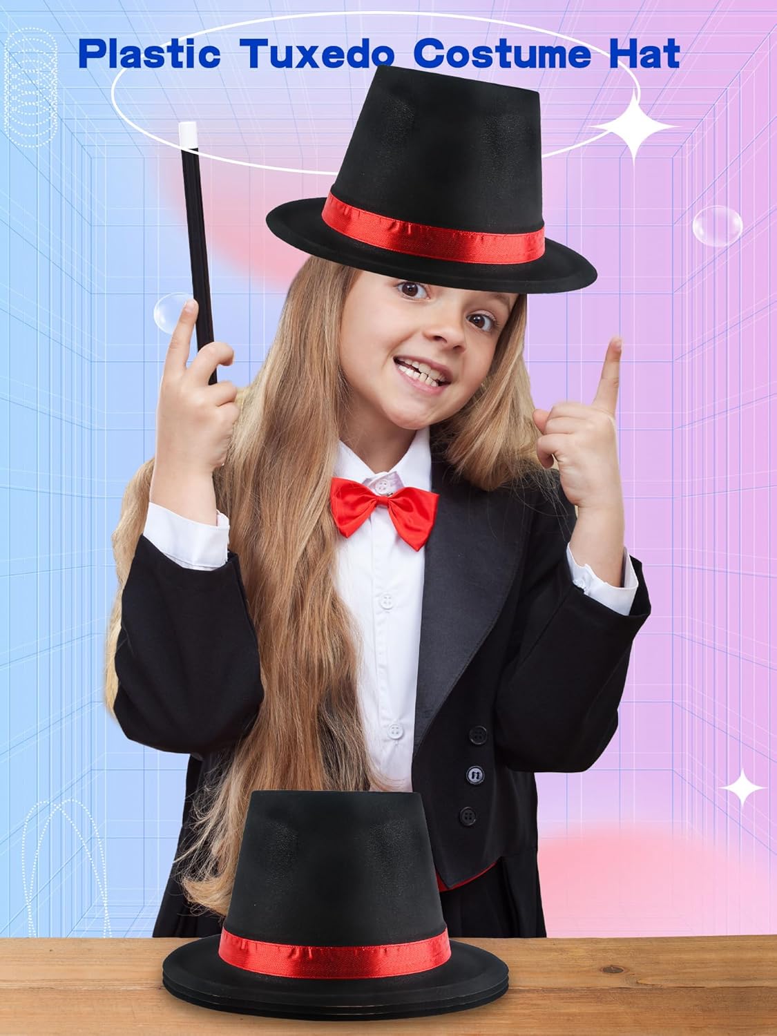 12 Pack Kids Plastic Top Hats Black Top Hat with Red Band Glitter Magician Party Hat High Top Hat for Halloween - Image 4
