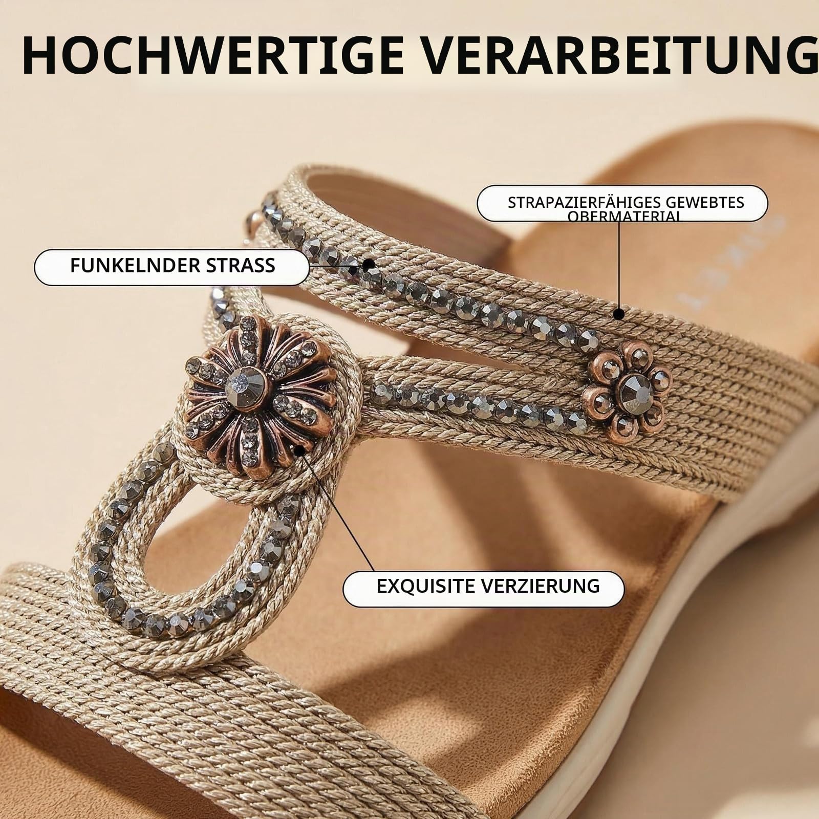 Damen Pantoletten mit Fussbett, Bequeme Sommerschuhe mit Strass Dekor, Rutschfeste Pantoletten, Komfort Sandalen für Freizeit Urlaub und Alltag