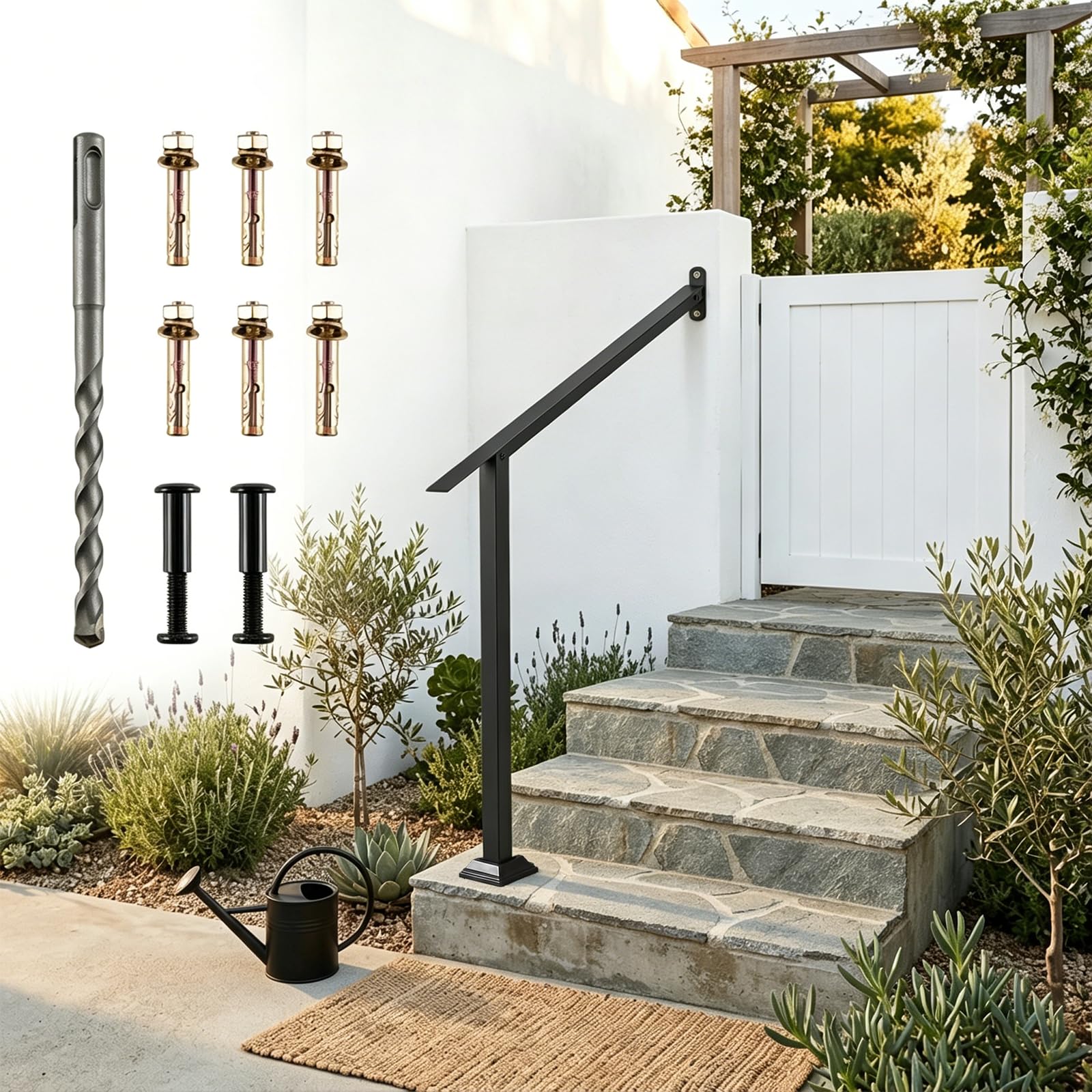 HOMFME Handrail for Stairs Fit 2-5 Steps, Heavy-Duty Adjustable Angle Stair Railing Kit with Drill Bit & 6 Expansion Screws, Indoor Outdoor Metal Grab Rails for Garden Entryway Backyard (3-4 Steps)