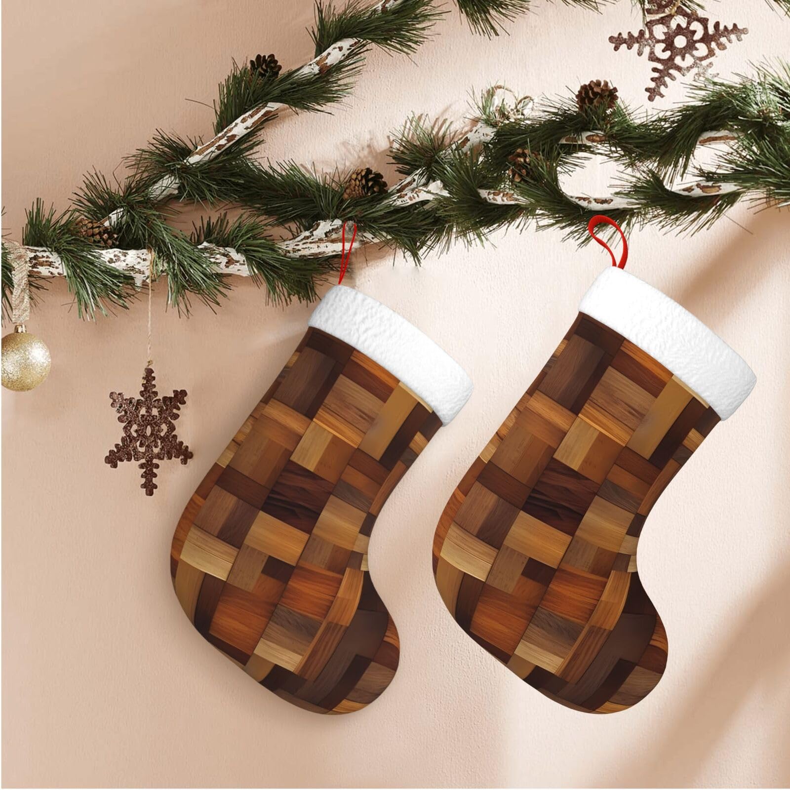 Wood Christmas Stockings Velvet Xmas Fireplace Hanging Stocking with Plush Cuff Rustic Christmas Santa Stockings for Home Christmas Decorations Party Favor Supplies