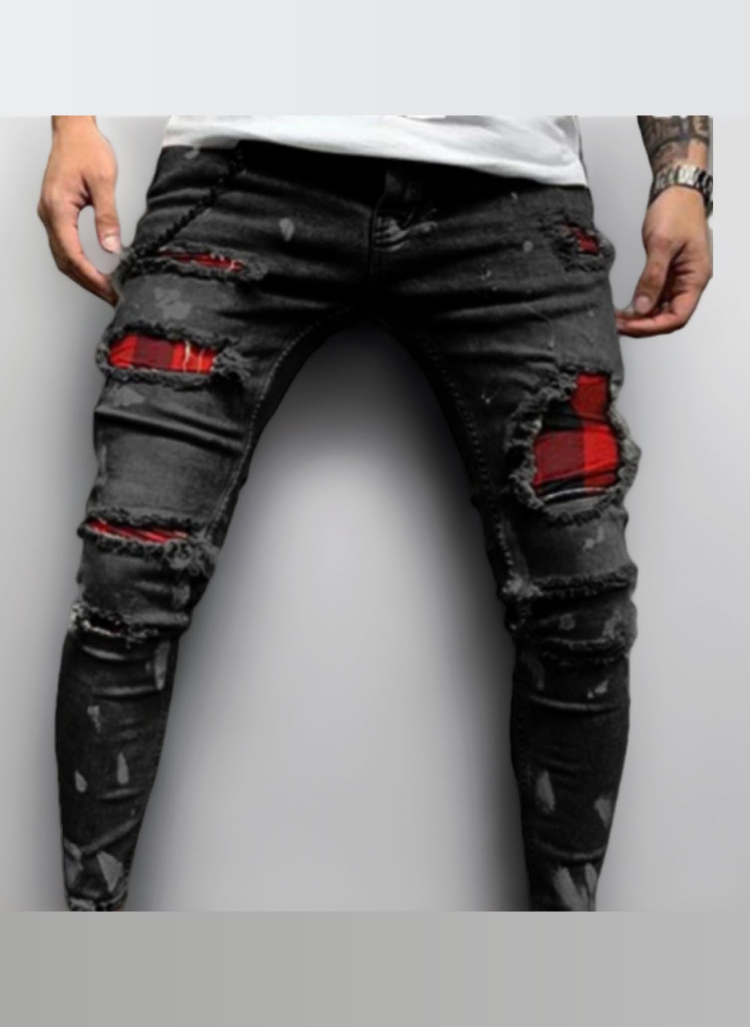 Men's Jeans Trousers Ripped Trendy Mid-Waist Patch Stretch Stitching Straight Fashion Comfortable Casual Versatile Handsome