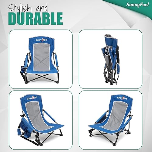 Miniatura 7 de SUNNYFEEL Silla de playa plegable baja para adultos, sillas de camping de playa portátil y ligera con soporte para tazas, reposabrazos, silla de