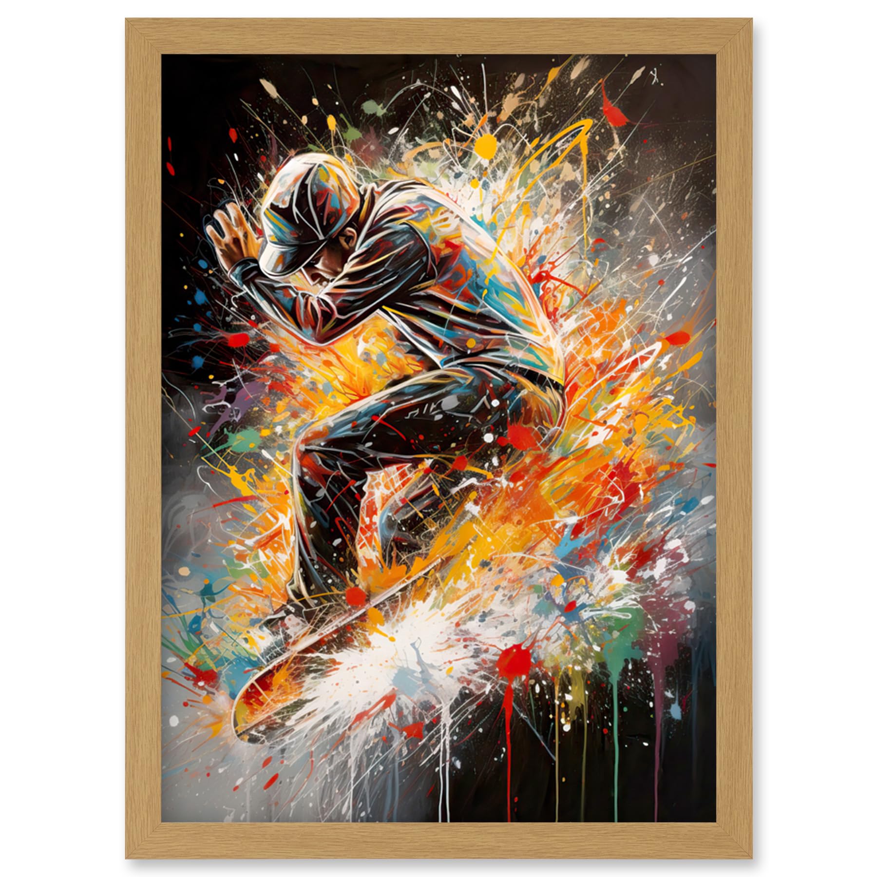 Artery8 Skateboarder Vibrant Splat Paint Action Shot Artwork Framed Wall Art Print A4