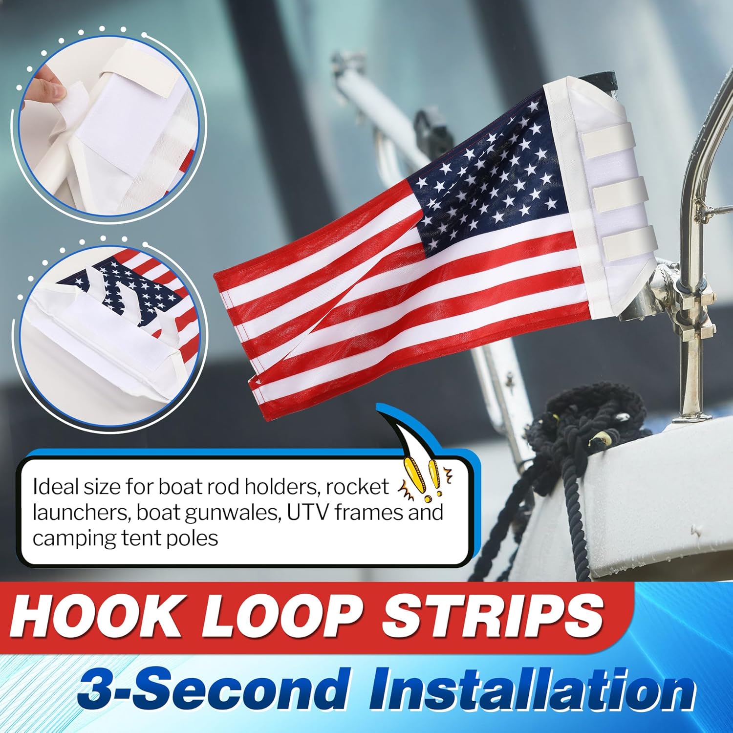 2 Pcs Flag for Boat Fishing Holder Rocket Launcher, Rail Fishing Rod Holder Flag for Boat Heavy Duty Nylon Sewn Stripes, Universal Banner for Marine Yacht UTV (American Pattern)