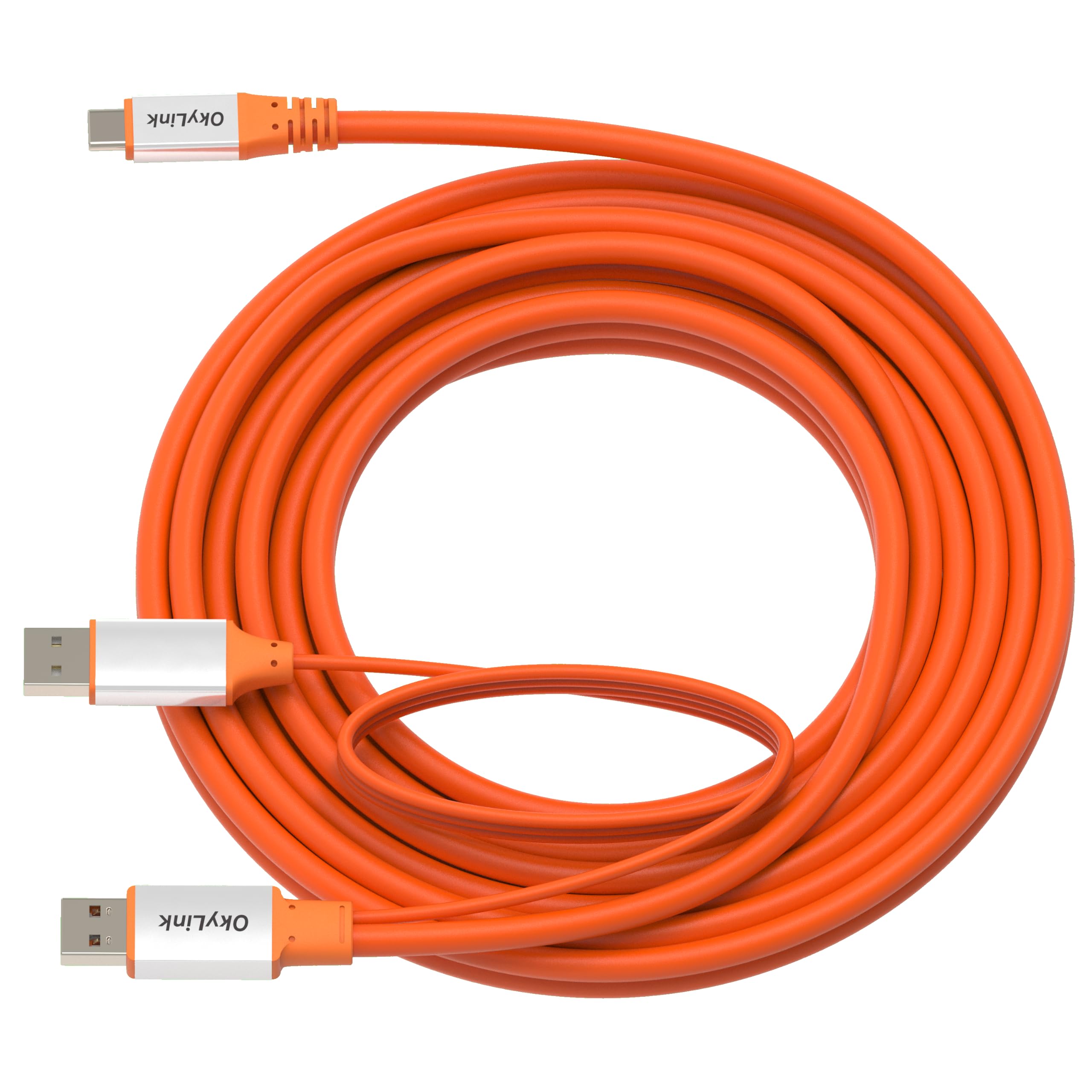 OkyLink Cable activo USB 3.2 Gen 2 tipo A a C macho a macho de 10 Gbps, 15 pies | 5 m con alimentación externa, largo alcance, naranja, para dispositivo USB-C de larga distancia y cámara web