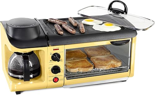 Miniatura 1 de Nostalgia Estación de desayuno eléctrica retro 3 en 1 de tamaño familiar parrilla fundida a presión antiadherente horno tostador de 4 rebanadas