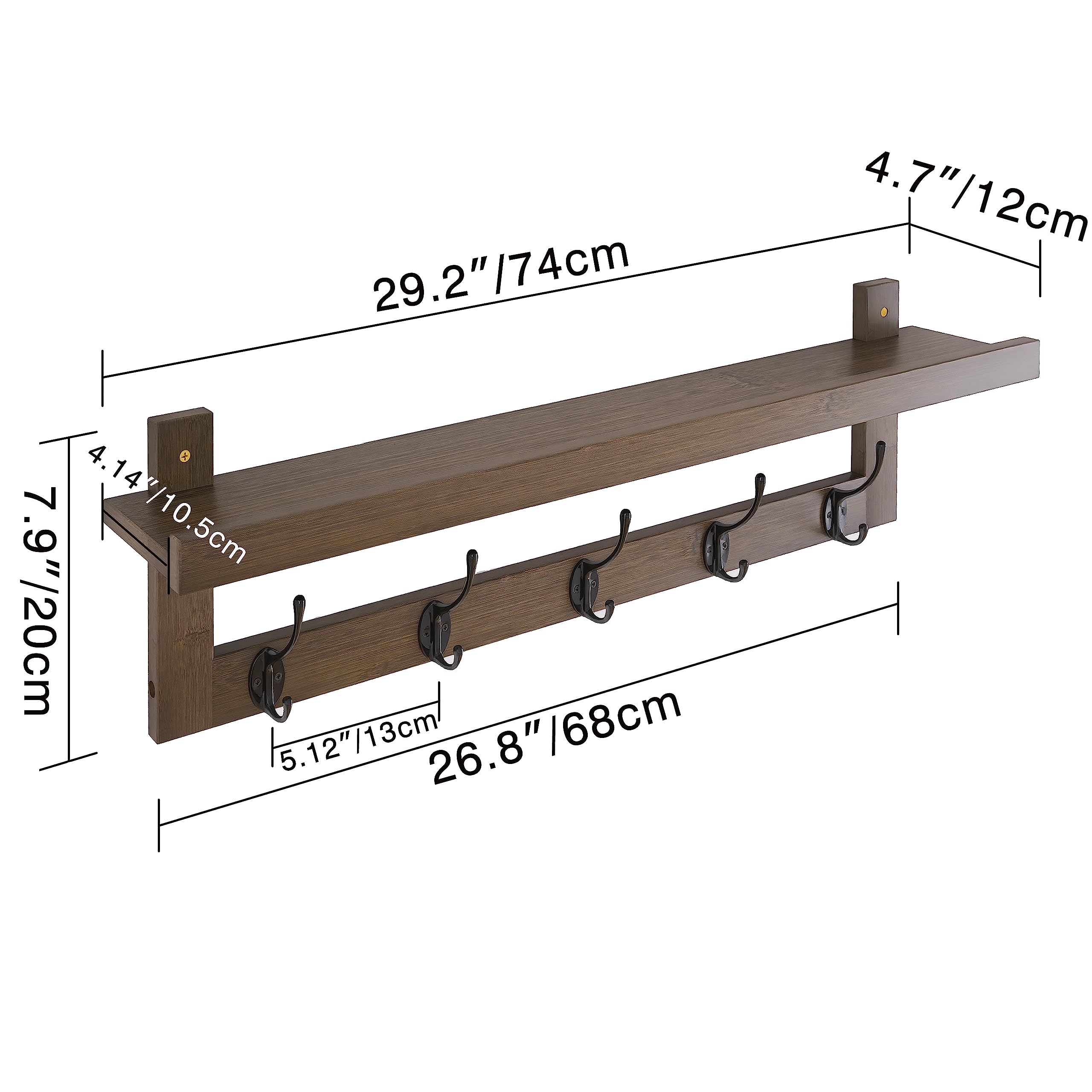 SMIBUY Appendiabiti con mensola a parete, appendiabiti da 74 cm per parete, mensola sospesa in bambù con 5 doppi ganci metallici per bagno, camera da letto, cucina, soggiorno, mudroom (Noce)