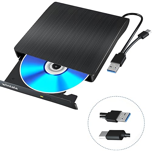 wintale External Blu Ray Drive, Portable 3D Bluray External DVD Drive, Blu Ray Burner with USB 3.0 and Type-C Dual Port, Bluray Drive for PC Windows XP/7/8/10/11 MacOS for Mac