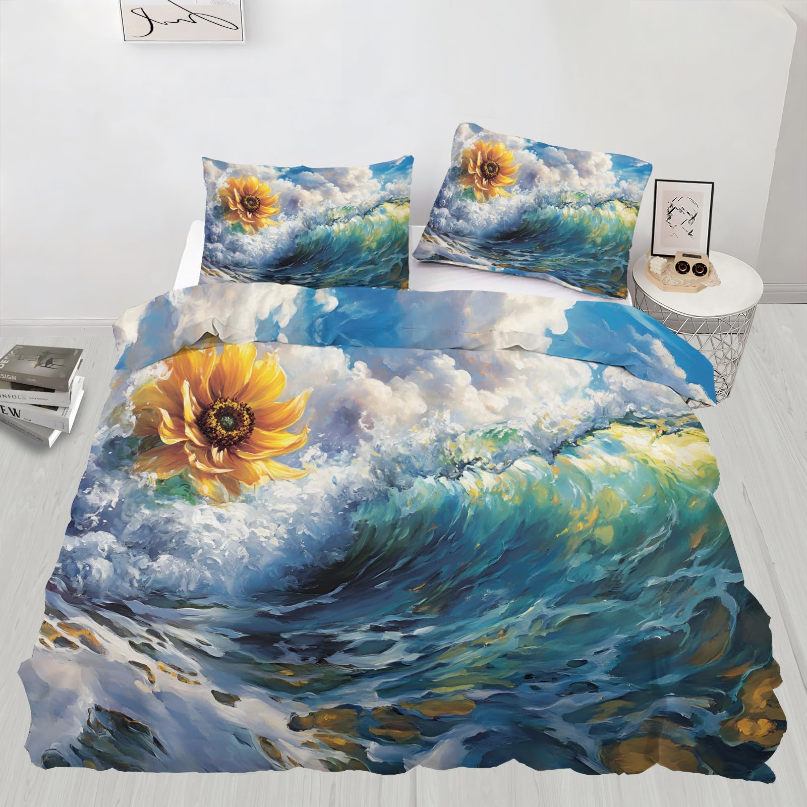 Housse de couette tournesol respirante toutes saisons 260x220 avec ses 2 taies d'oreiller vagues