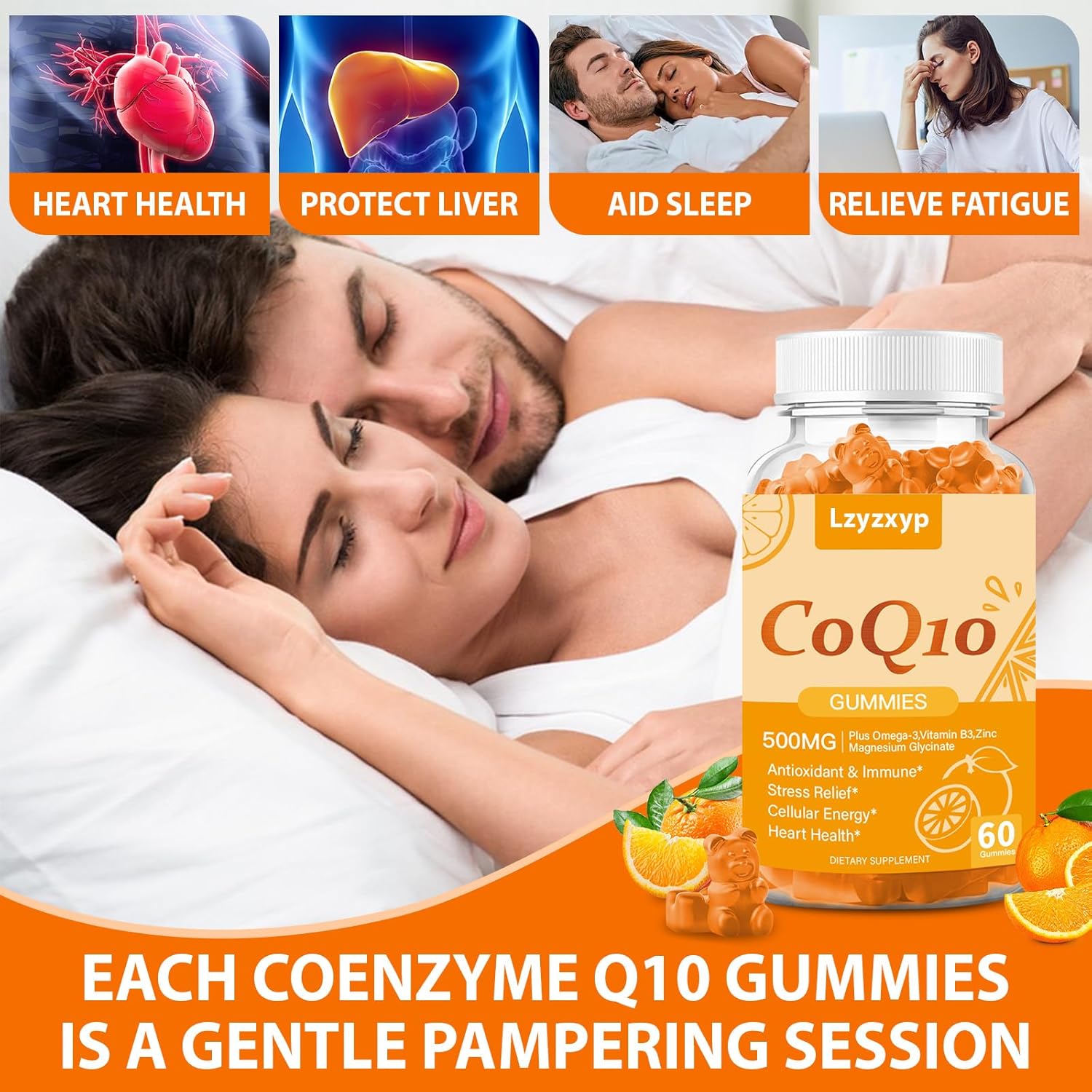 CoQ10 Oranges Gummies 500mg-3X Better Absorption Coenzyme Q10 Supplements - Plus Omega-3, Magnesium, Vitamin B3 & Zinc for Heart Health, Cellular Energy & Antioxidant, Vegan, Non-GMO 120 Ct (2) - Image 3
