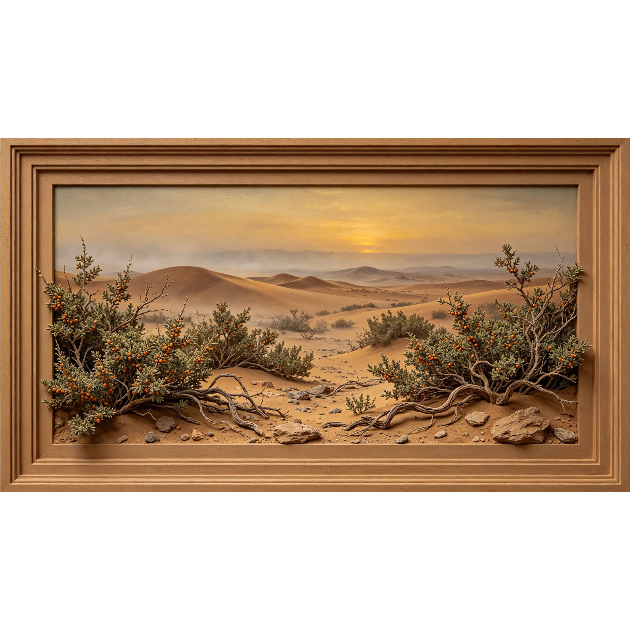 QZLITHOTIC 50x90cm3D Framed Wall Art， Desert Landscape Sunset Botanical Texture Self‑Adhesive Mural， Water‑Activated Peel & Stick Fabric Decor Wall Decal for Bedroom Living Room