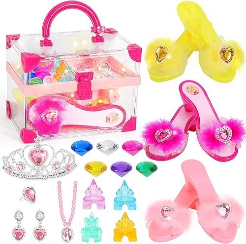 SPLAYTAP Zapatos de vestir de princesa zapatos de juego de rol para niñas pequeñas 3 pares de zapatos de princesa con caja de joyería corona aretes