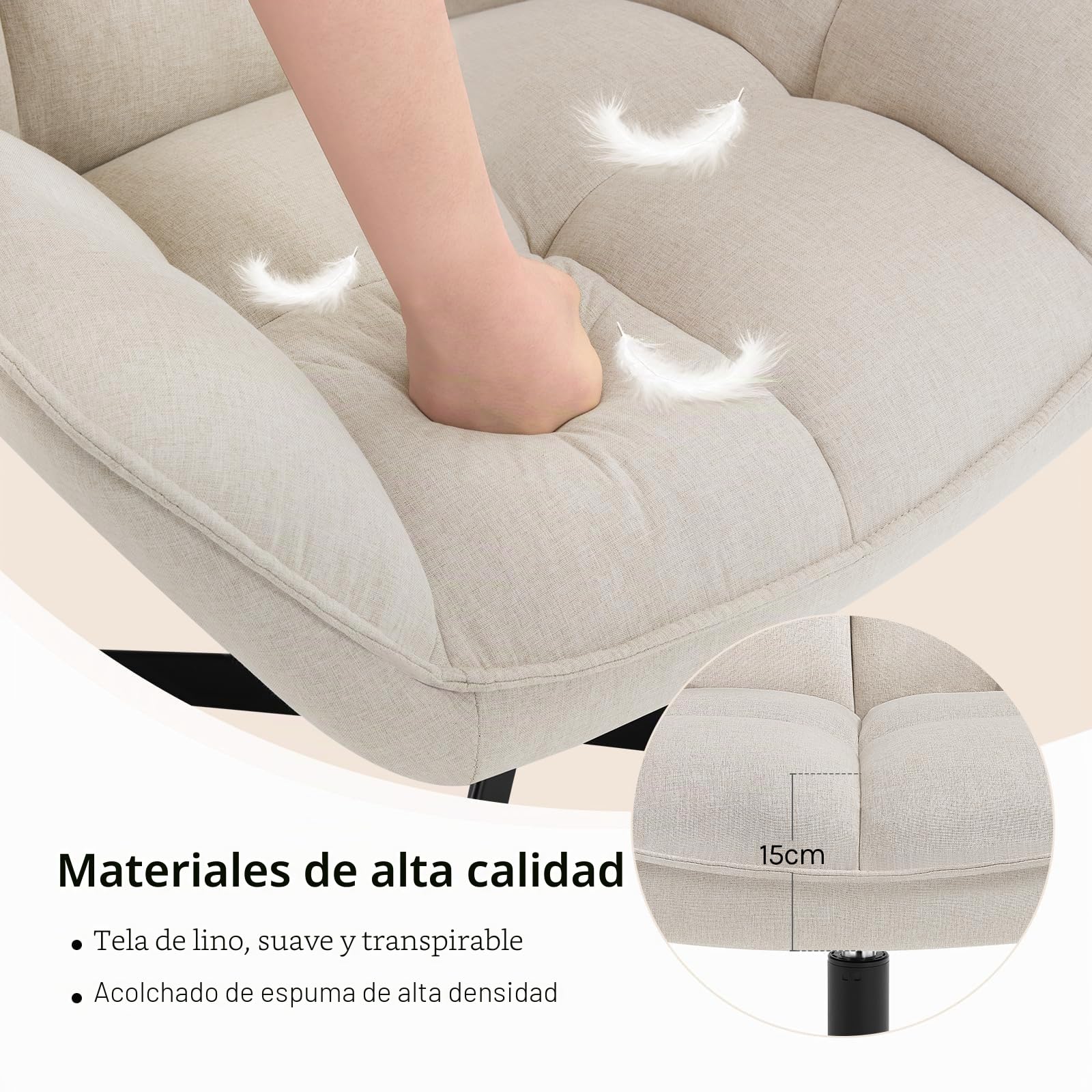 WOLTU Sillón Relax Giratoria, Silla Relax Ergonómica con Acolchado, Beige | Sillon Dormitorio Moderna con Respaldo y Asiento de Lino, Silla Lectura con base de metal en forma X, Estructura de Madera