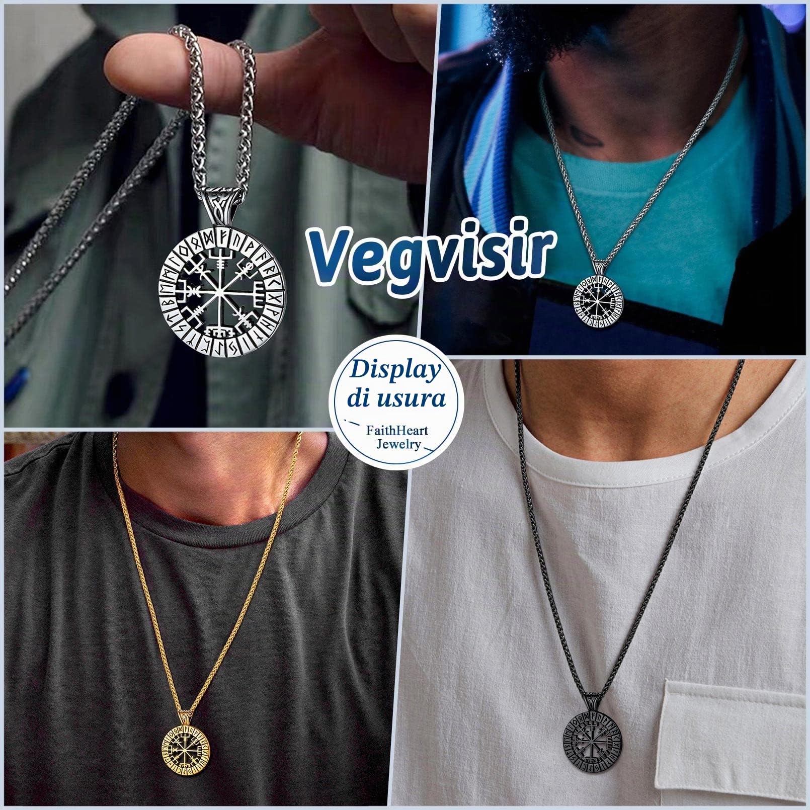 FaithHeart Bussola Vichinga Collana Runica Ciondolo Traforato Misteriose Rune Vichinghe Collana Uomo Acciaio Rune Cultura Vichinga in Argento Nero Oro Regalo