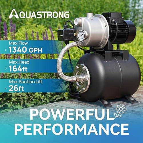 Miniatura 3 de Aquastrong Bomba de pozo poco profundo de 1.6 HP con tanque de presión, certificado NSF, 1320 GPH, 115 V, bomba de riego de acero inoxidable, bomba