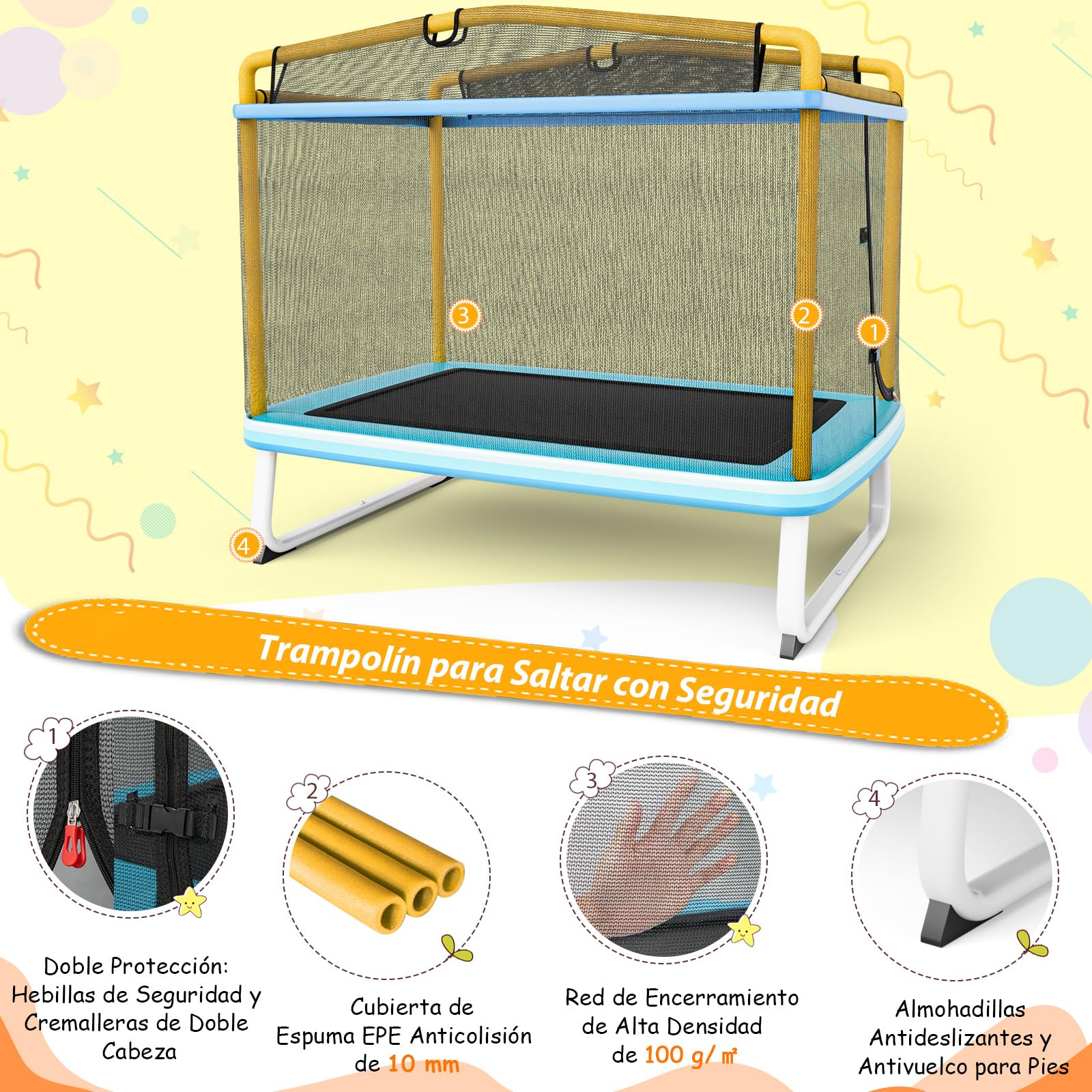 COSTWAY Cama Elastica Infantil, Trampolín para Niños Multifuncional con Columpio, Trampolín Rectangular de Entretenimiento de Capacidad de 100 kg