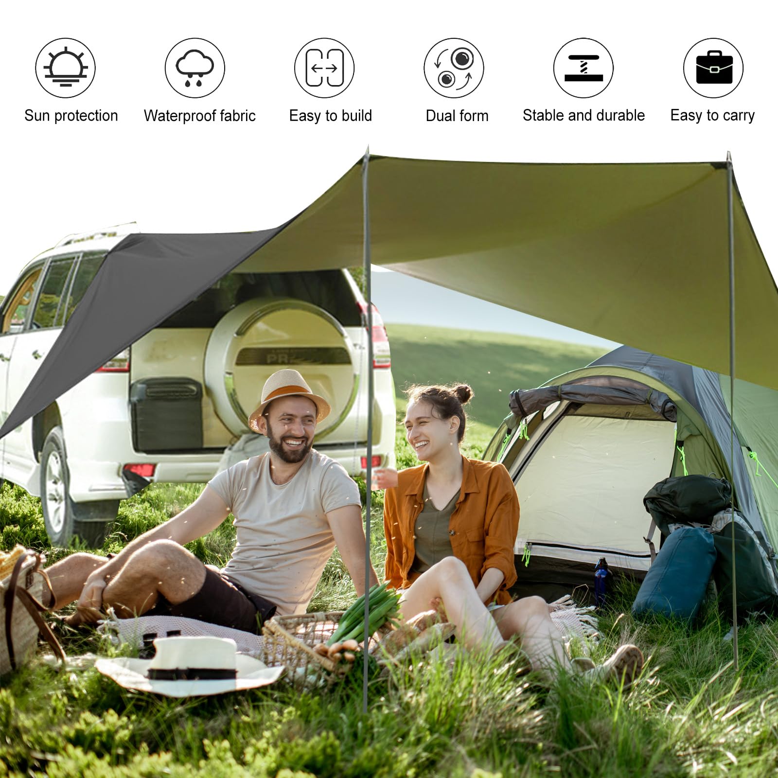 Toldo Coche, 280 x 380 cm Toldo para Portón Trasero y Lateral Impermeable, para Furgonetas y Autocaravanas (Negro)