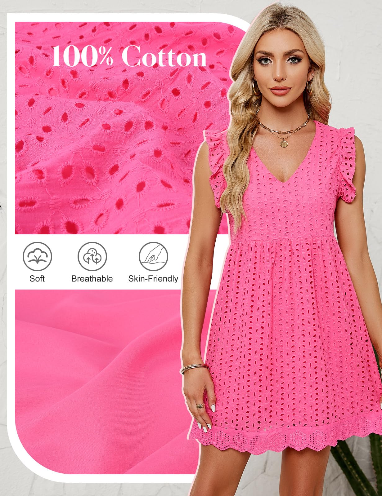 heekpek Abito Estivo Donna Scollo a V Vestito Corto Donna Cotone Senza Maniche con Volant Abiti Leggero Jacquard Abito a Canotta Casual Abito Mare da Spiaggia con Tasche