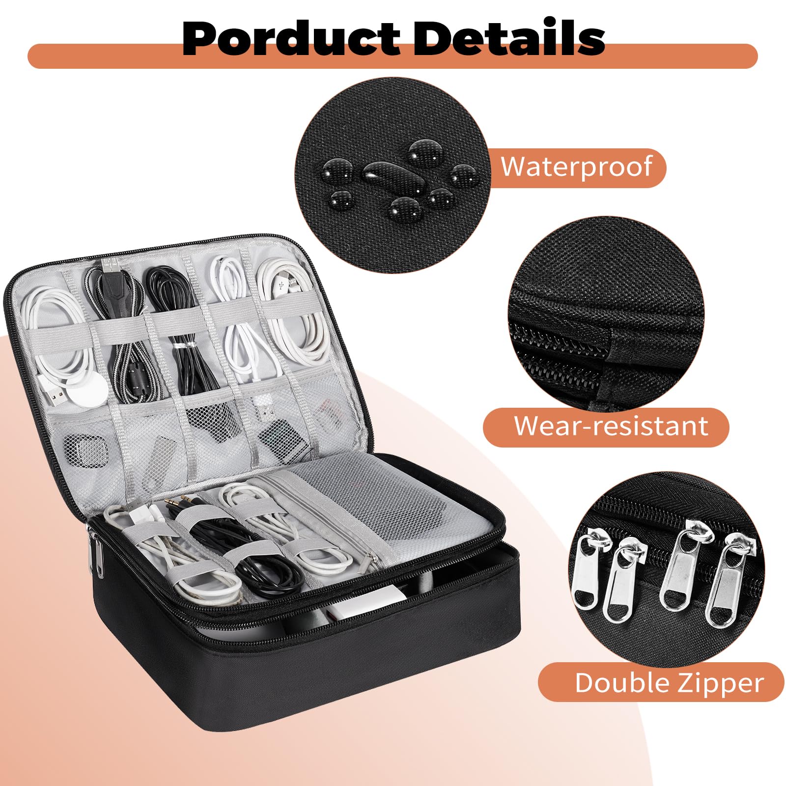 Tech Pouch Sac De Rangement Câbles, Grand Sac Câble Multifonctionnel Sac De Voyage, 3 Couche Portable Rangement Cable Sac