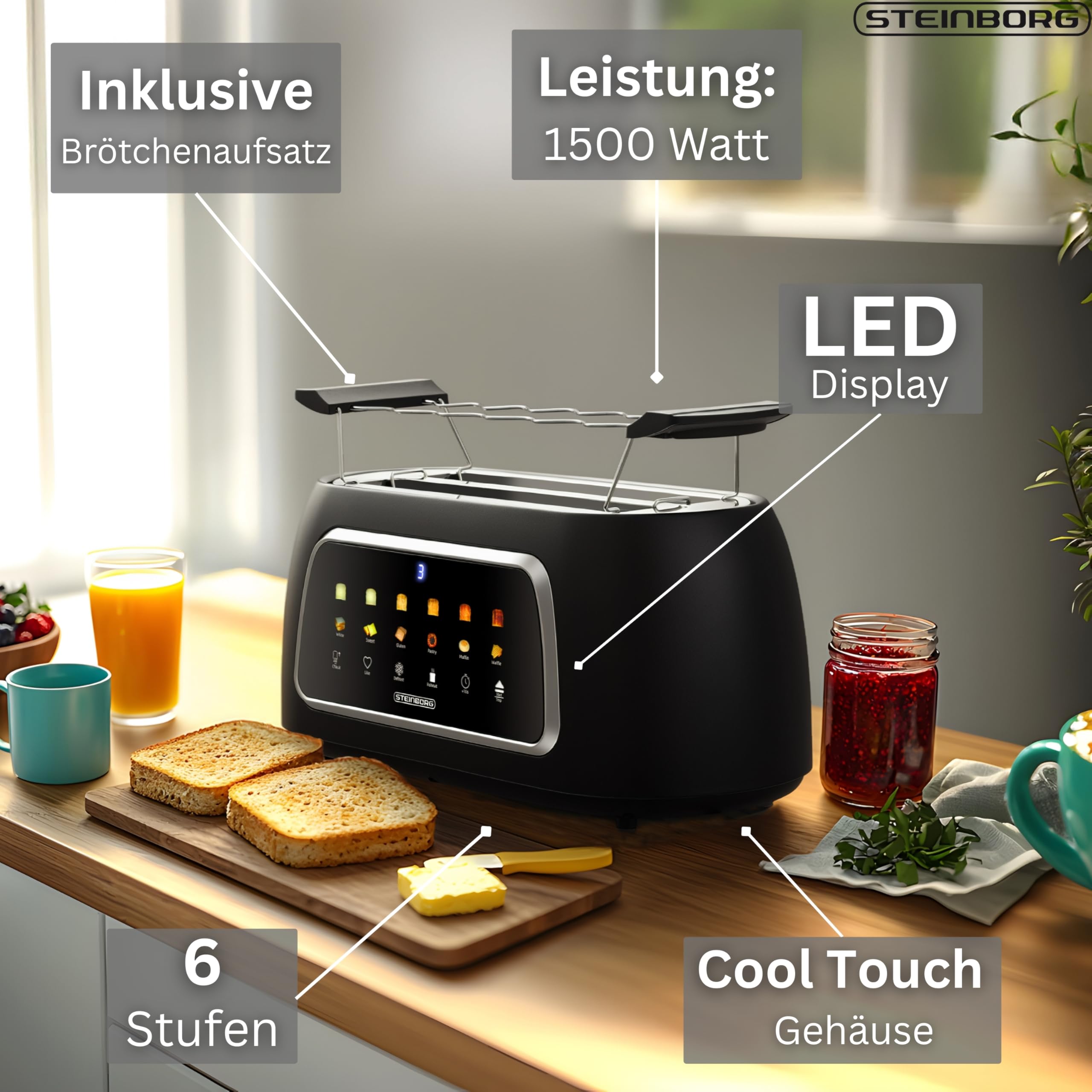Steinborg Tostapane automatico con inserto per panino, 4 fette, funzione di sollevamento automatico senza leva, tostapane automatico, display digitale, indicatore del pane, spegnimento automatico
