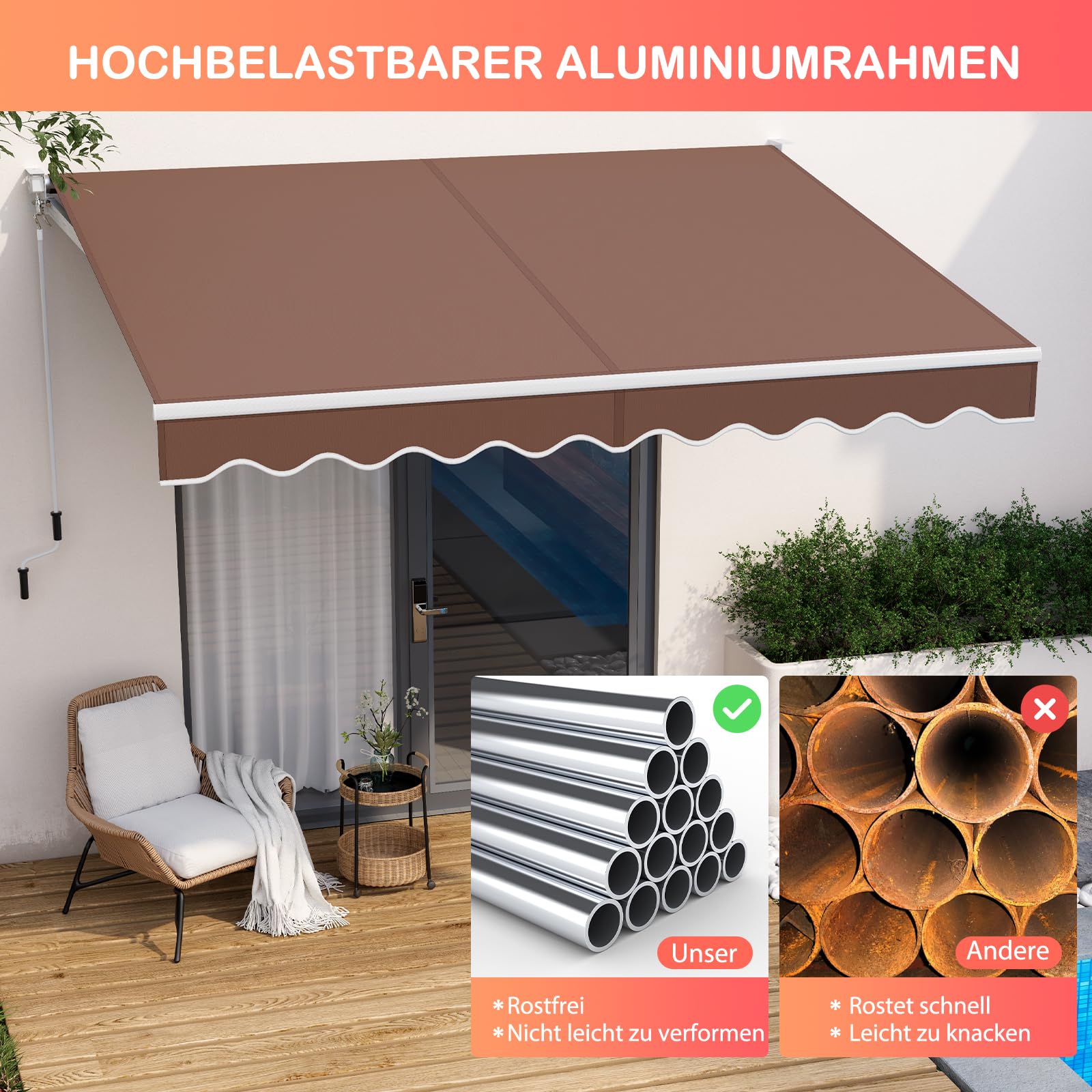 GOPLUS Gelenkarmmarkise, 245 x 200 cm Gelenkmarkise, Markise Balkon, Terrassenmarkise mit 5-60° einstellbare Winkel, UV-beständig & wasserabweisend, Sonnenschutz mit Handkurbel, Alu/Polyester, Braun