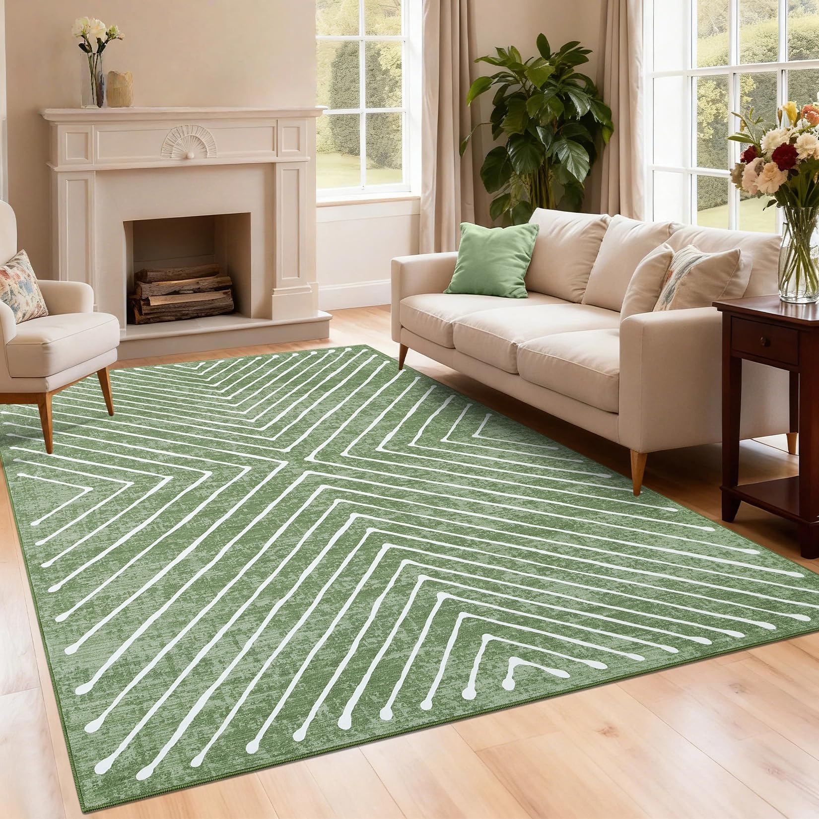 160 x 230 cm, tappeto lavabile per soggiorno, moderni tappeti geometrici per camera da letto a righe, morbido pelo corto, per cameretta dei bambini, ufficio, verde