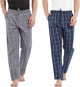 - Men's Super Combed Cotton Checkered Checkmate Pyjamas [Pack of 2] Elasticated Waist, Drawstring | Loungewear for Men in Lime, Grey Checks