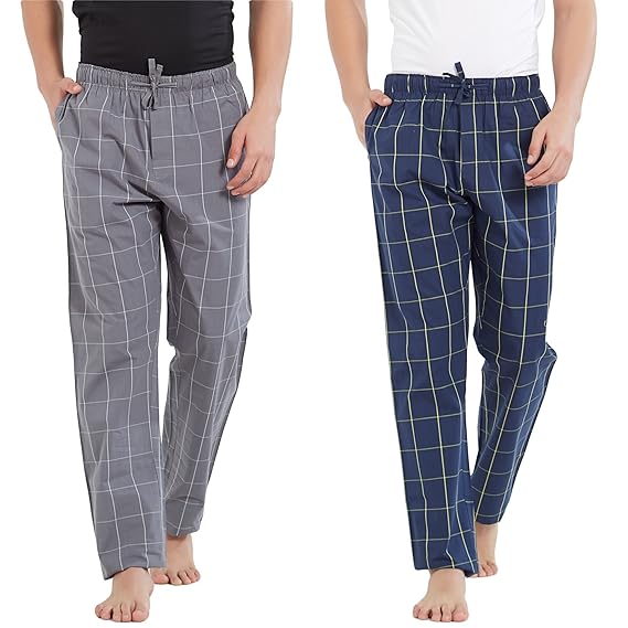 XYXX Men's Super Combed Cotton Checkered Checkmate Pyjamas [Pack of 2] Elasticated Waist, Drawstring | Loungewear for Men