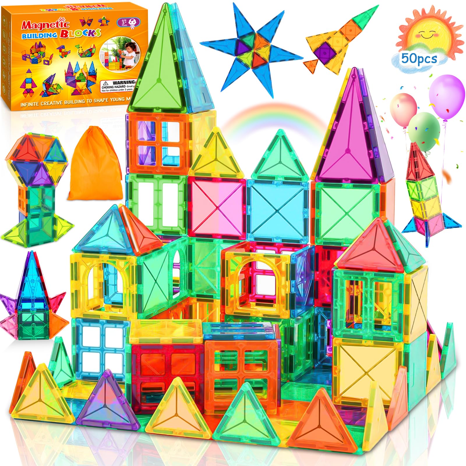 50 PCS Costruzioni Magnetiche per Bambini, Blocchi Magnetici Colorati Quadrati e Triangolari, Forte Adesione Magnetica, Con Sacchetto di Stoccaggio e Manuale, Adatto a Bambini dai 3 Anni