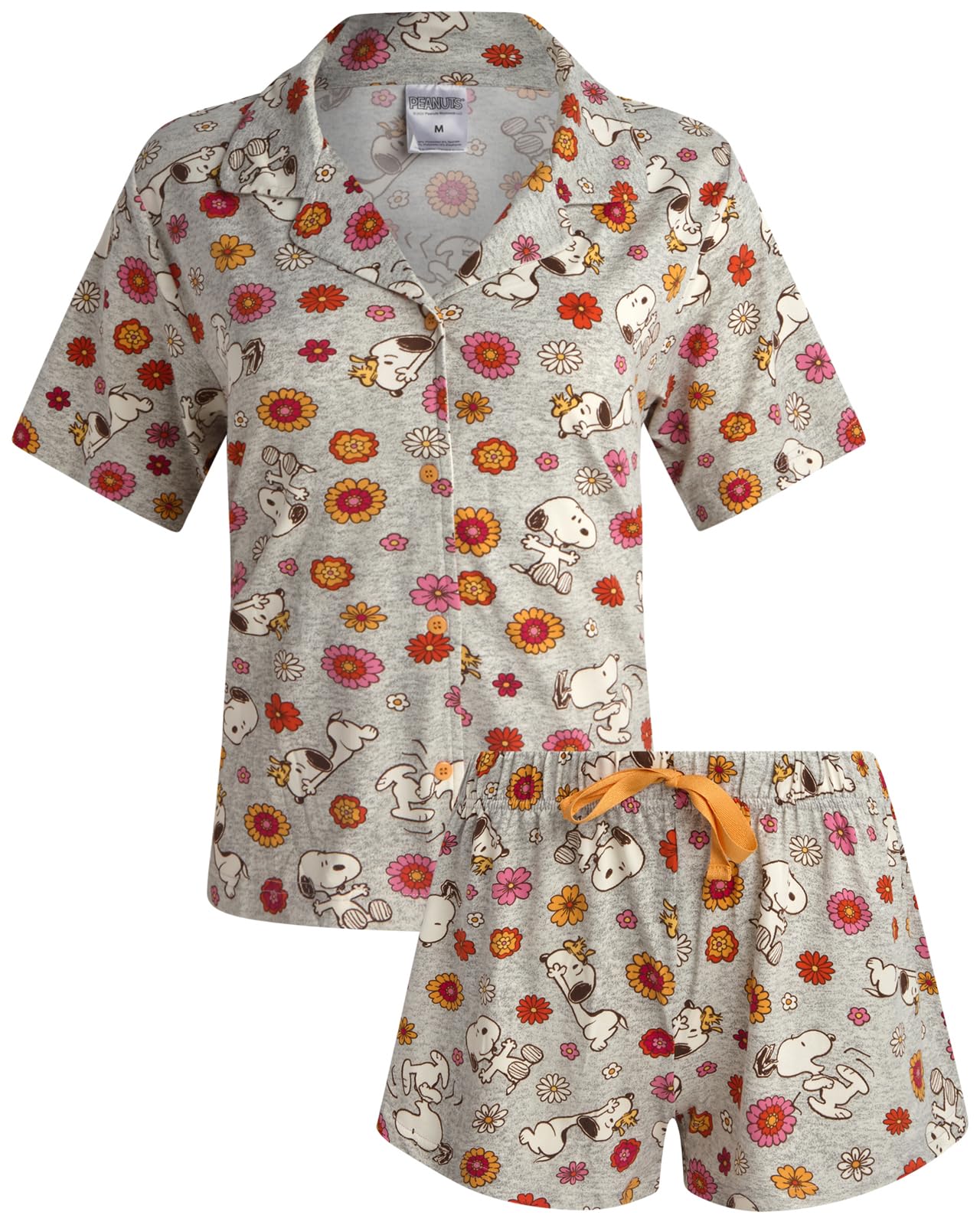 COCO BRANDS Peanuts Snoopy Womens Pajama Set - 2 Piece Short Sleeve Button Down Sleep Shirt and Pajama Shorts Medium Light Grey Snoopy Floral Print