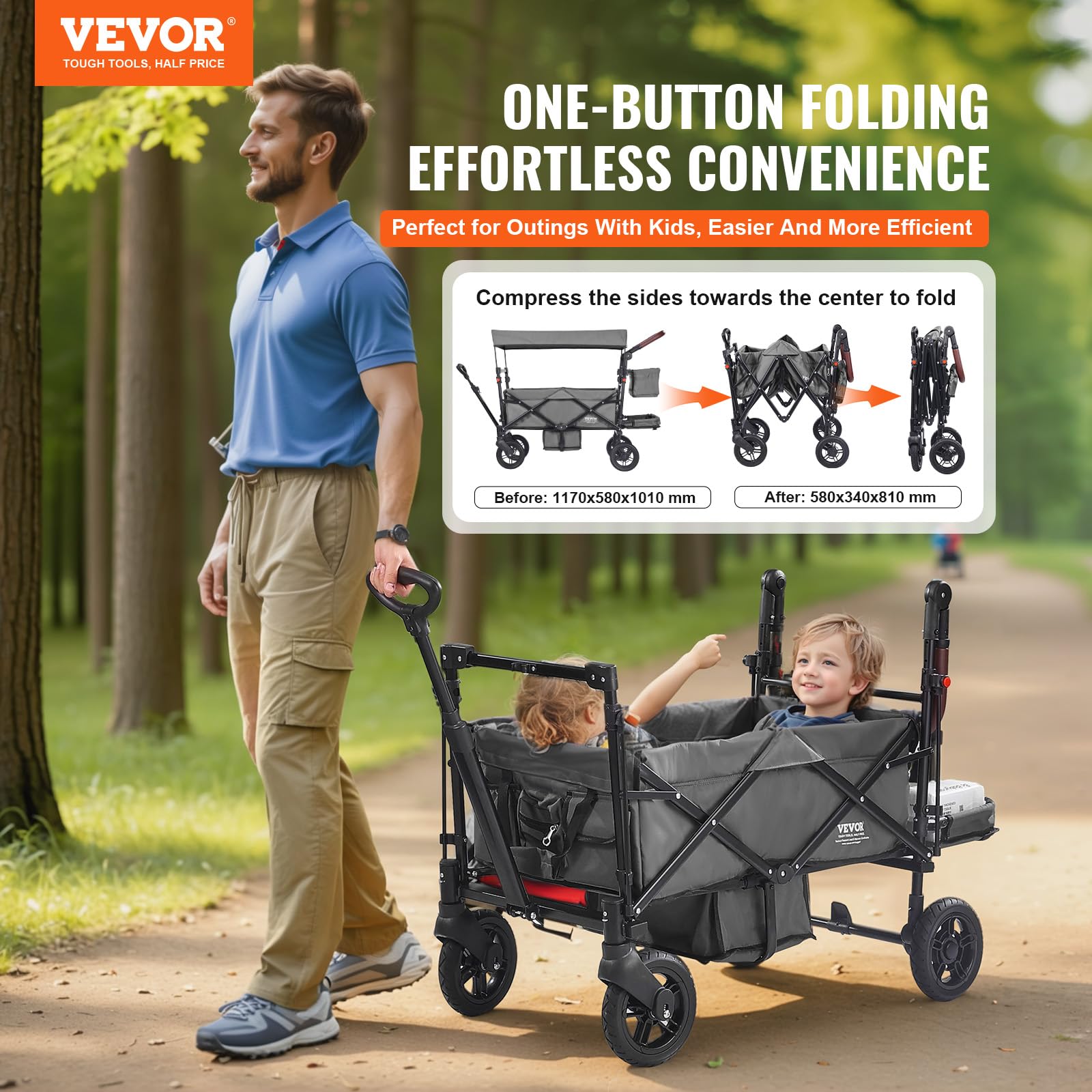 VEVOR Passeggino Wagon per 2 Bambini, Passeggino Pieghevole con Maniglia Regolabile, Tettuccio Rimovibile, Lmbracatura Circolare, 4 Ruote Freni Passeggino Portatile Multifunzione Campeggio, Grigio
