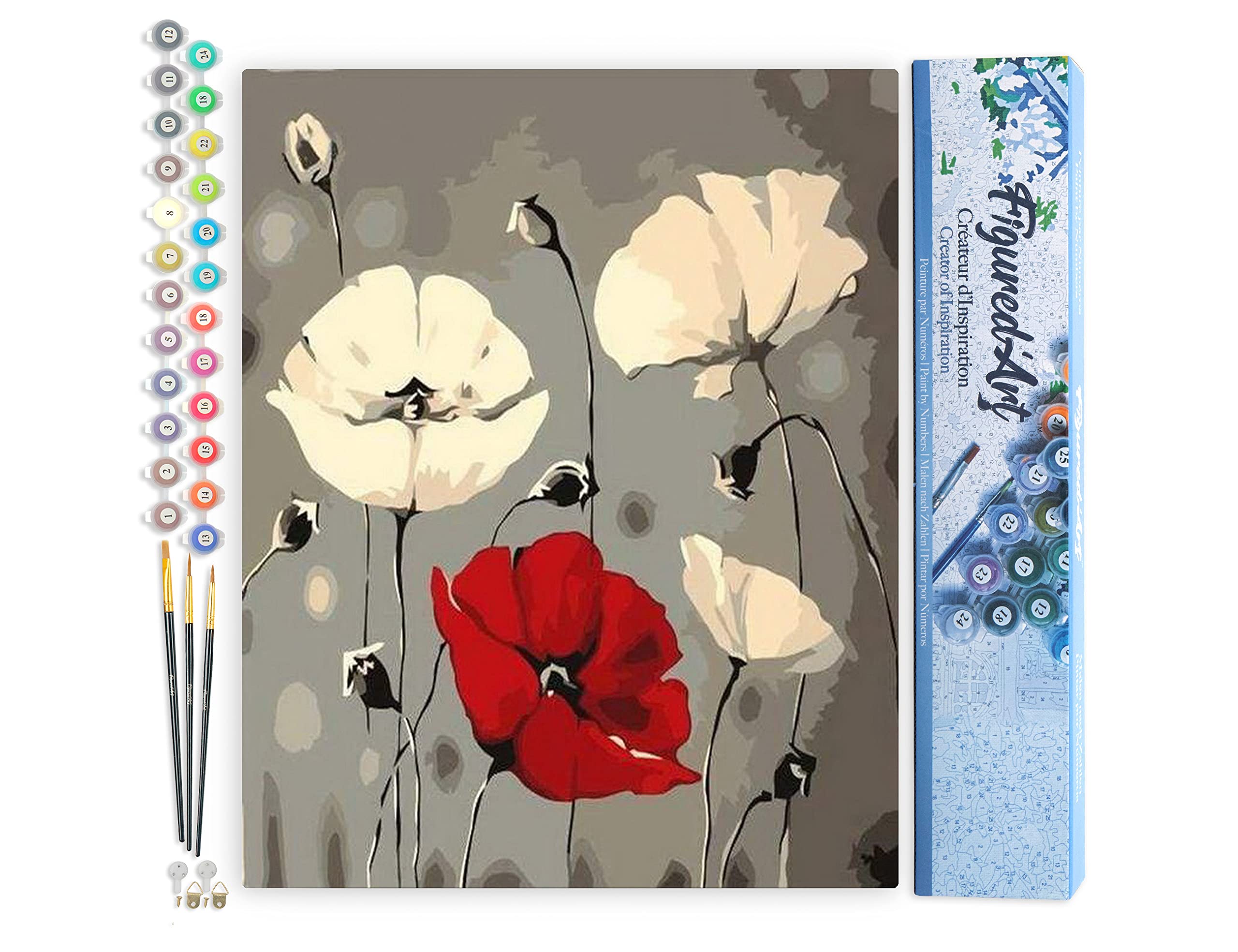 Figured'Art Paint by Numbers for Adults Red and White Flowers 40x50cm - Craft Art Painting DIY Kit Rolled Canvas Without Frame
