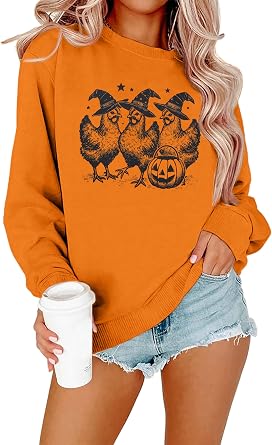 HEBBE Women Halloween Graphic Sweatshirts Halloween Chicken Sweatshirt Chickens Witch Shirts Spooky Pullover Top