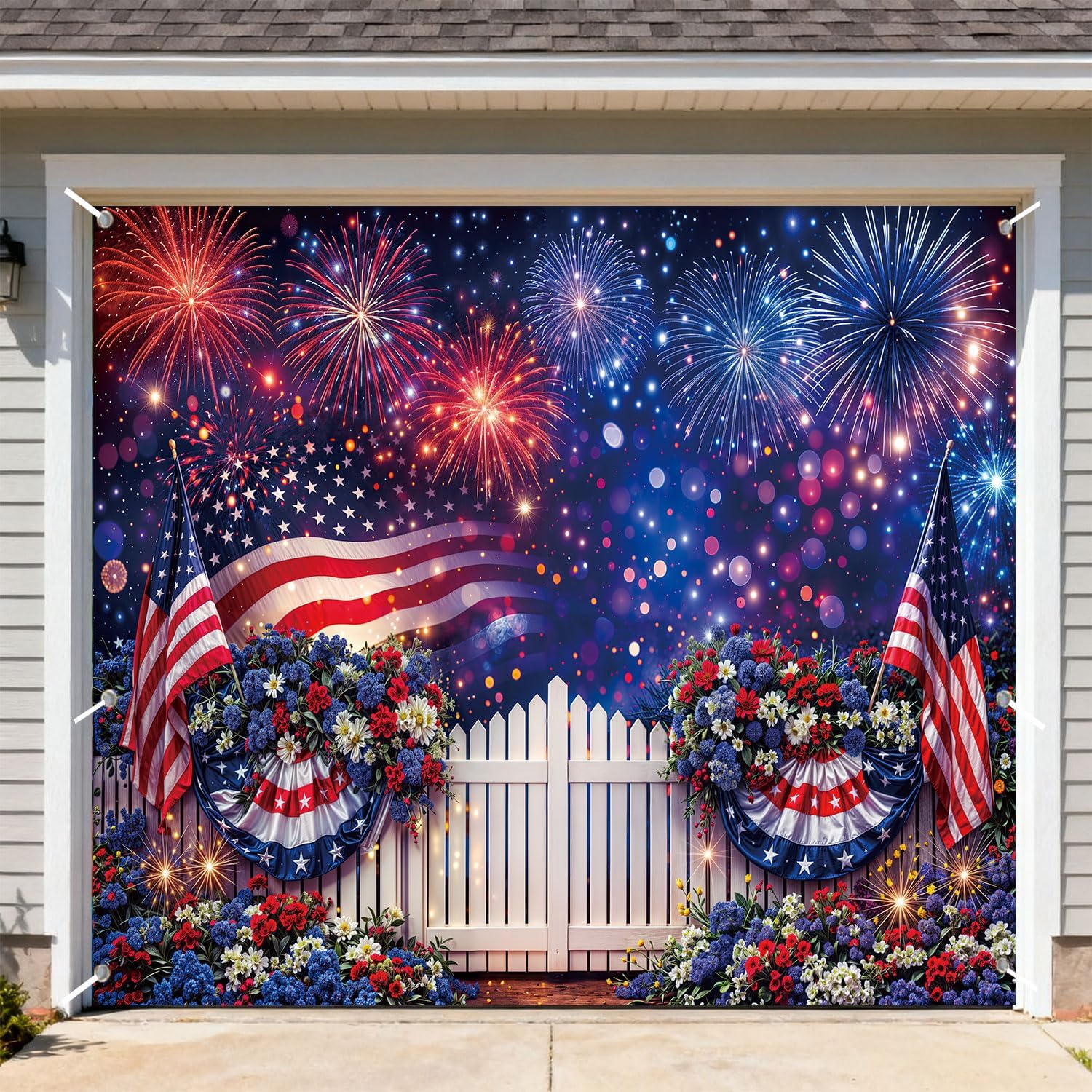 8X6FT 4th of July Garage Door Cover Decorations, American Independence Day Garage Buddy Background, USA Flag Fireworks Memorial Presidents Day America 250 Years Wall Window Yard Decor