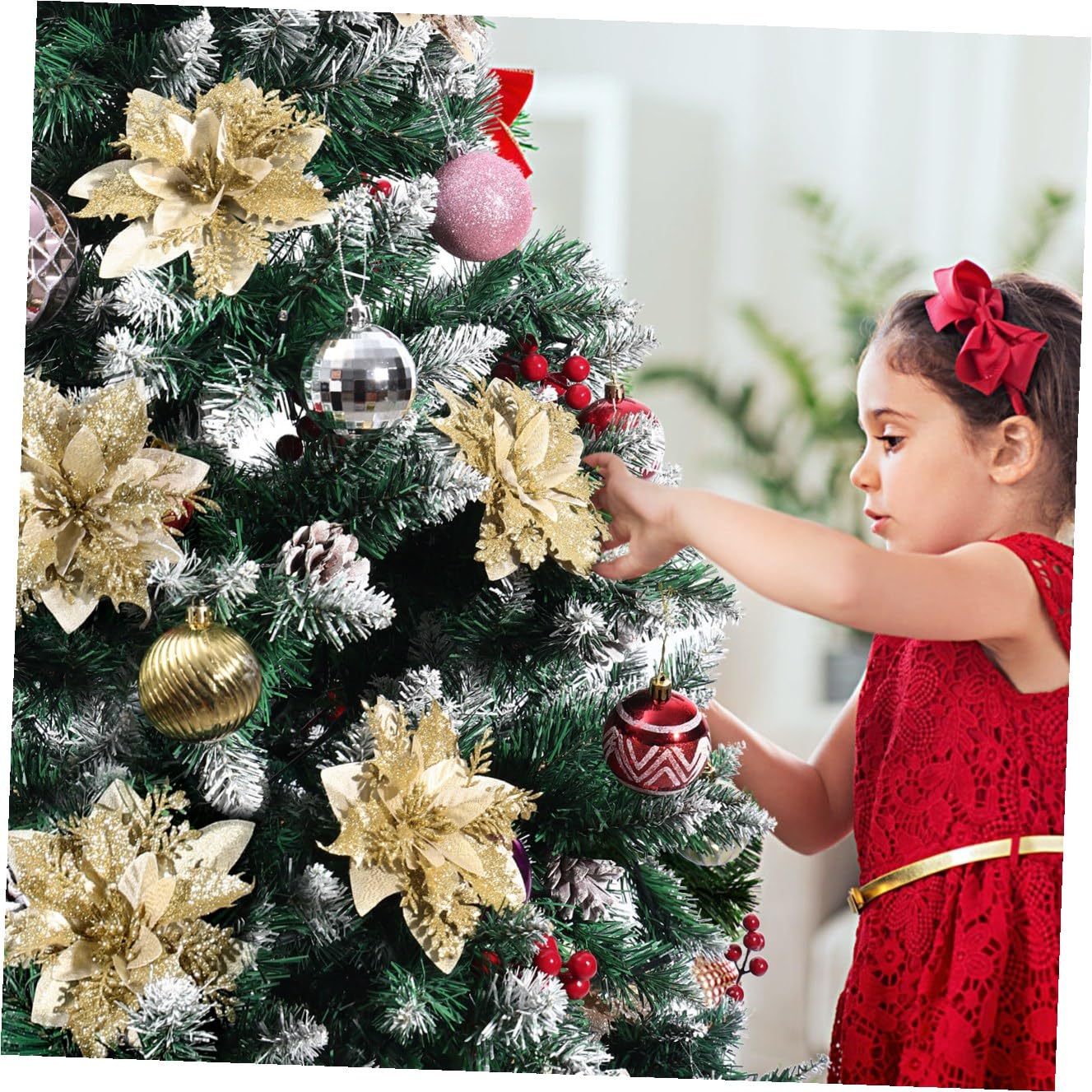 Alipis 12piezas Flores Poinsettia Brillantes para Decoración Navideña con Clips y Stems Adornos para Árbol De Navidad y Fiestas