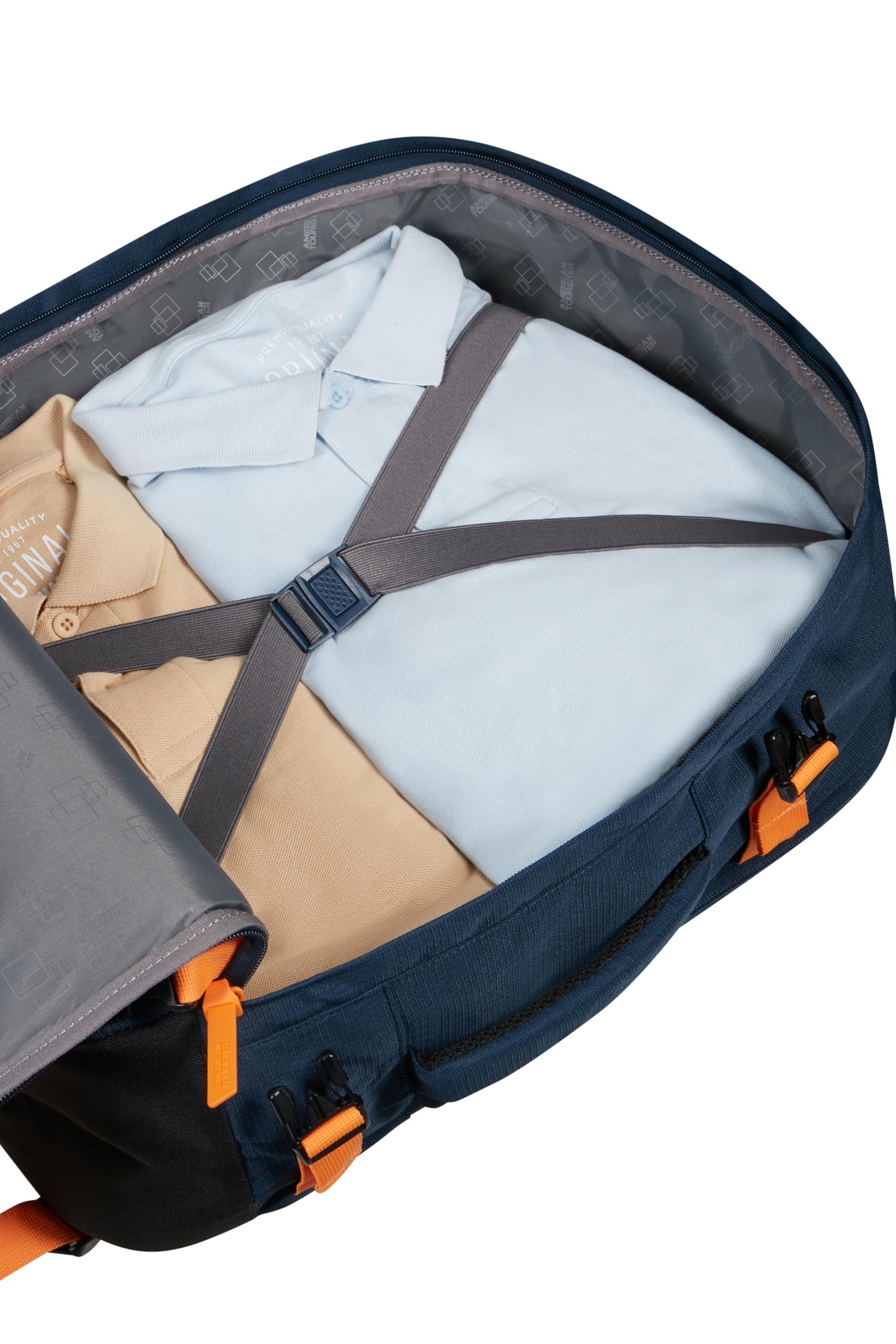 American Tourister Take2Cabin - EasyJet Bolsa de Cabina 36 x 20 x 45 cm, 38 l, 0,70 kg, Equipaje de Mano, Mochila de Avión M Bajo Asiento, Blau/Orange (Dark Navy/Radiant Orange)